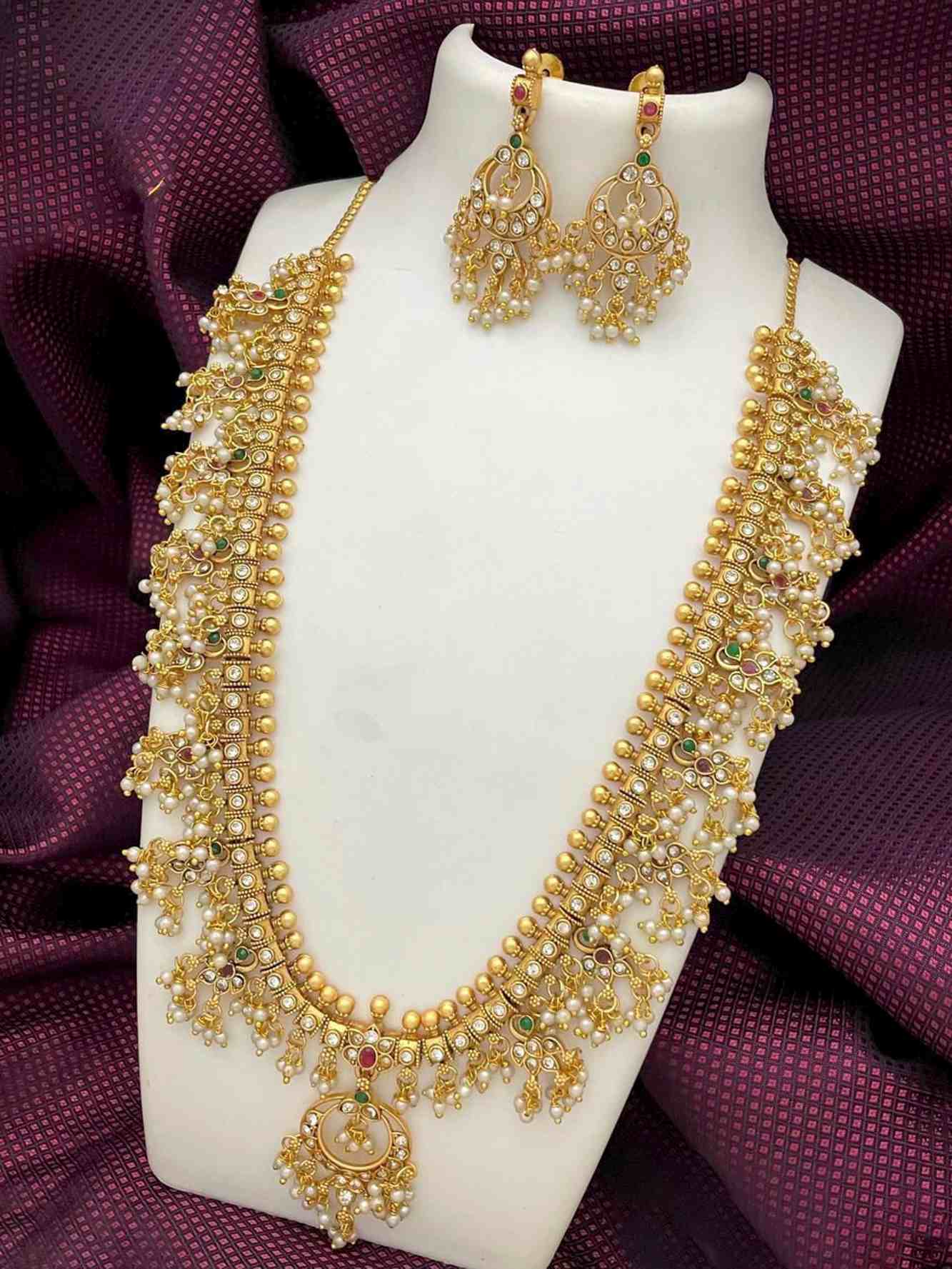 GODDESS LAKSHMI DESIGN  WITH PEARLS  LONG NECKLACE & EARINGS