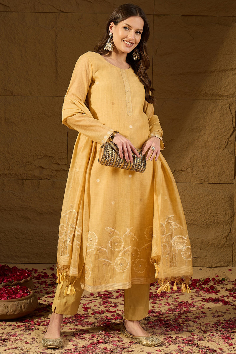 Yellow Chanderi Woven Design Straight Kurta Trouser with Dupatta | SHOBITAM