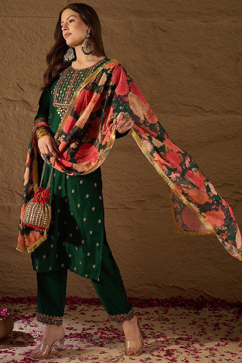 Green Silk Blend Embroidered Kurta Pant With Dupatta