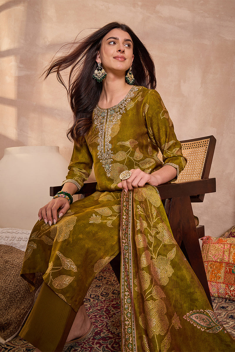 Green Silk Blend Floral Printed Straight Kurta Trouser With Dupatta | SHOBITAM