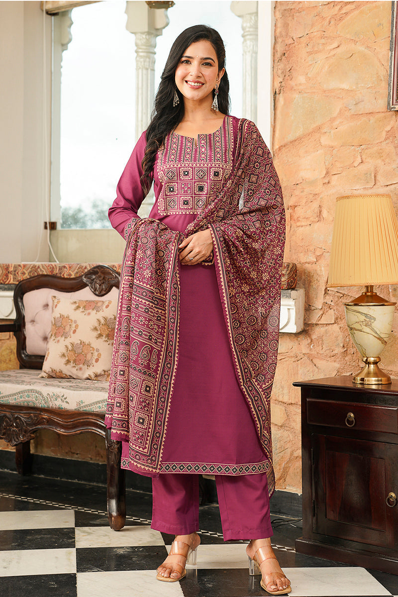 Purple Cotton Blend Ajrakh Printed Straight Kurta Trousers With Dupatta | SHOBITAM