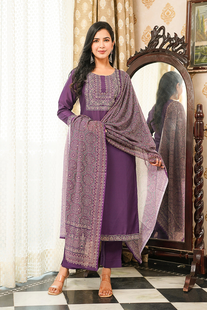 Purple Cotton Blend Ajrakh Printed Straight Kurta Trousers With Dupatta | SHOBITAM