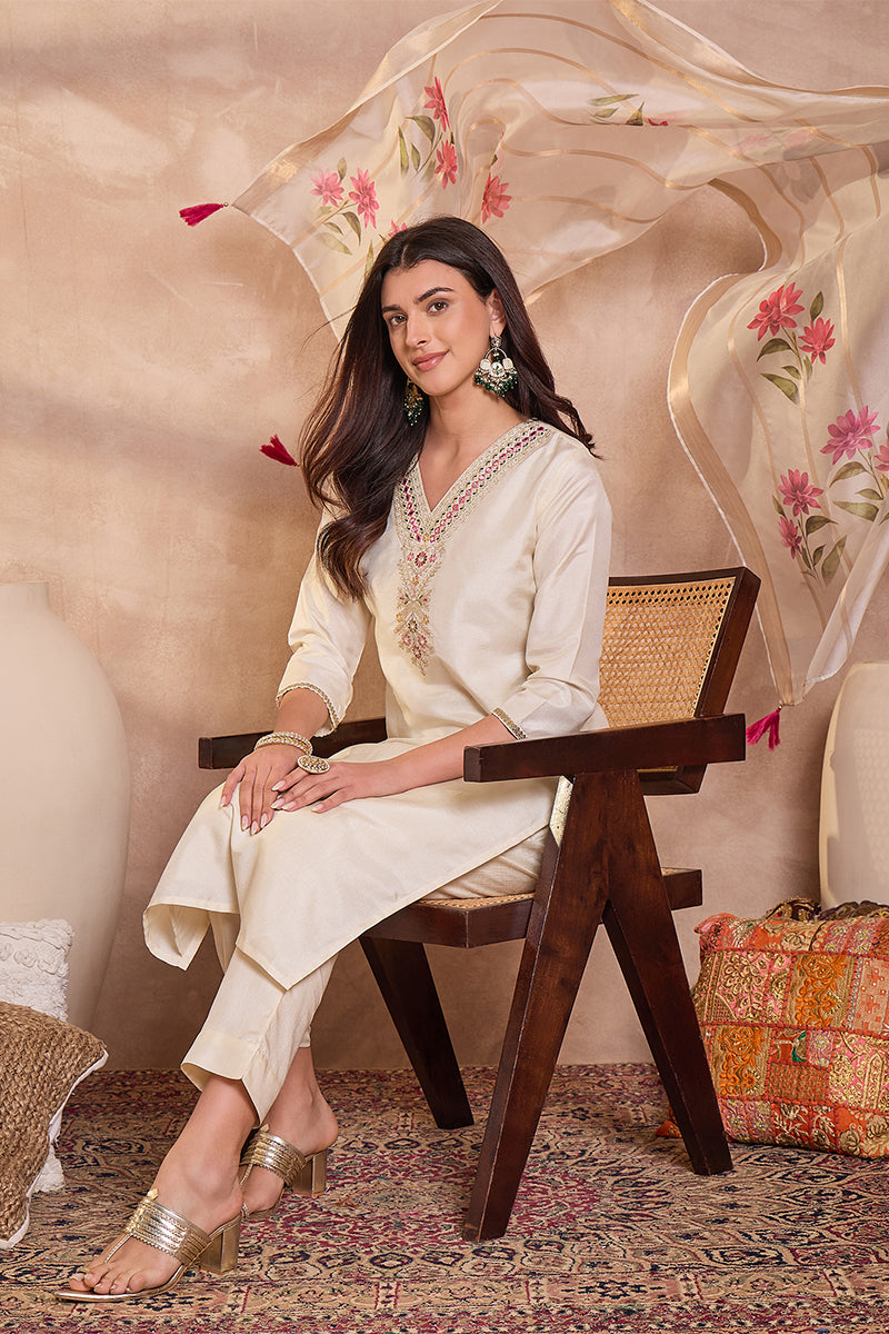 Off White Silk Blend Solid Embroidered Straight Kurta Trouser With Dupatta | SHOBITAM