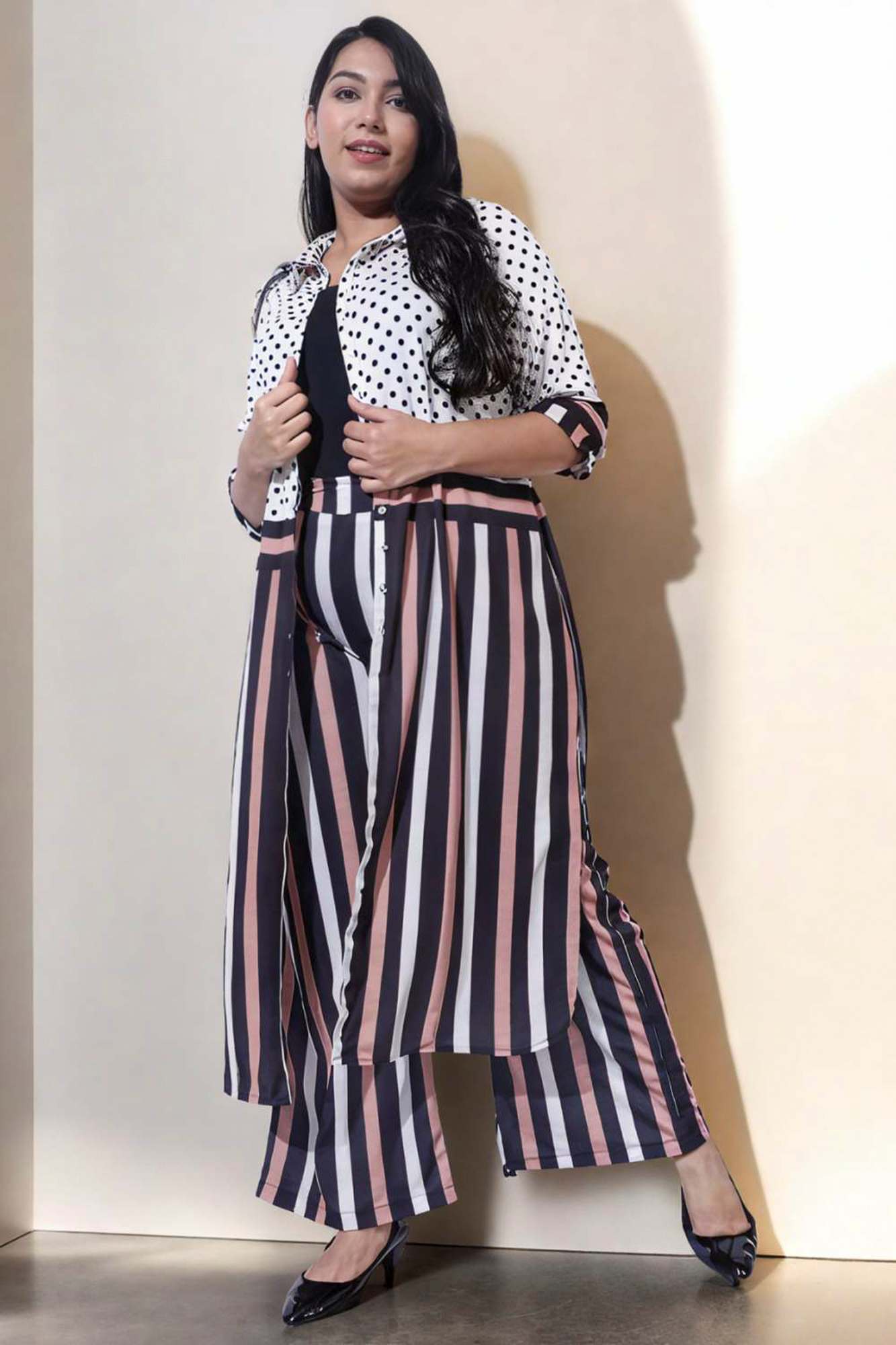 Plus Size Black Luxe Polka Stripes 2 Piece Coord Set For Women | Made to Order