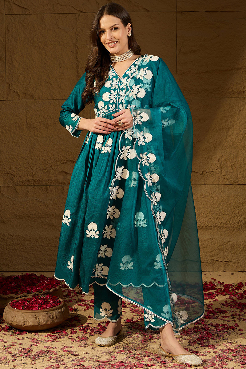 Teal Silk Blend Solid Embroidered A-Line Kurta Trouser With Dupatta | SHOBITAM