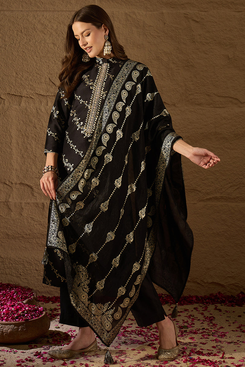 Black Silk Blend Ethnic Motifs Printed Straight Kurta Sets | SHOBITAM