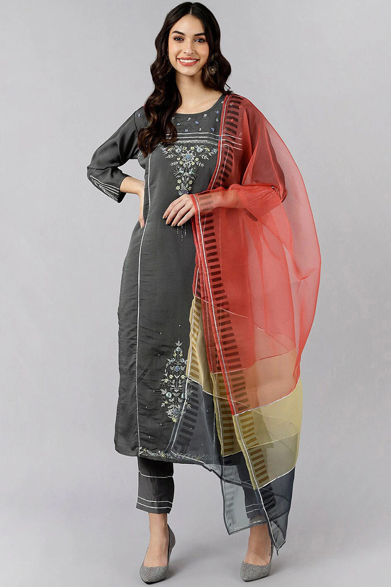 Grey Poly Silk Embroidered Straight Suit Set  | SHOBITAM