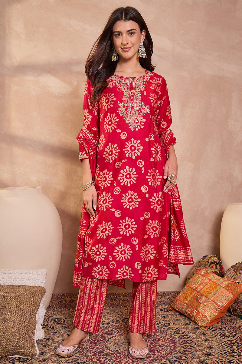Pink Rayon Blend Floral Printed Straight Kurta Trouser With Dupatta | SHOBITAM