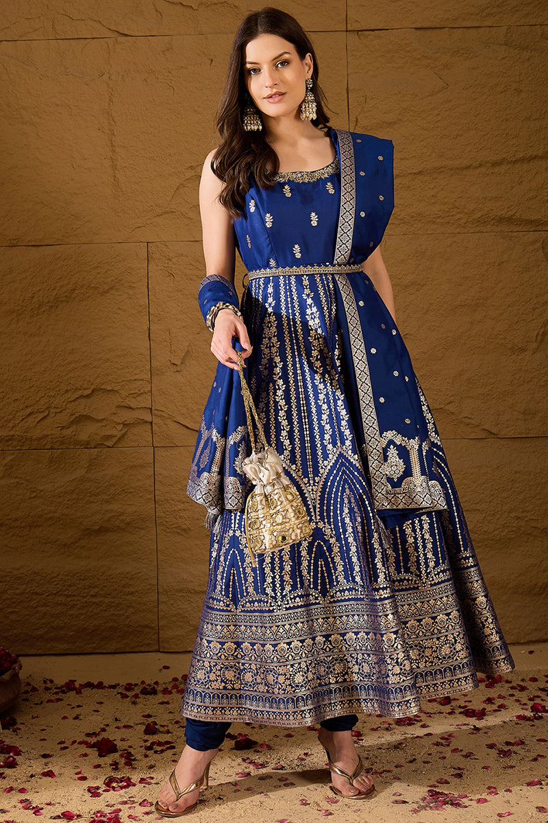 Blue Silk Blend Solid Embroidered Anarkali Kurta Bottom and Dupatta | SHOBITAM