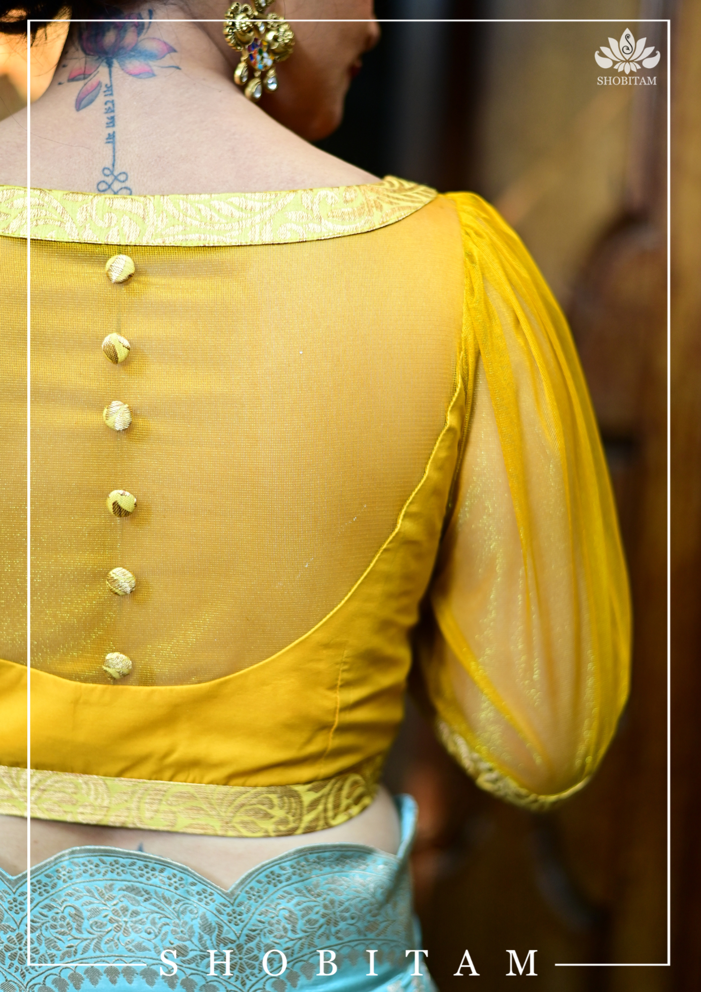 Mustard boat neck Blouse with Sheer Yoke and Puff Sleeves, Banarasi Brocade Detailing | Shobitam