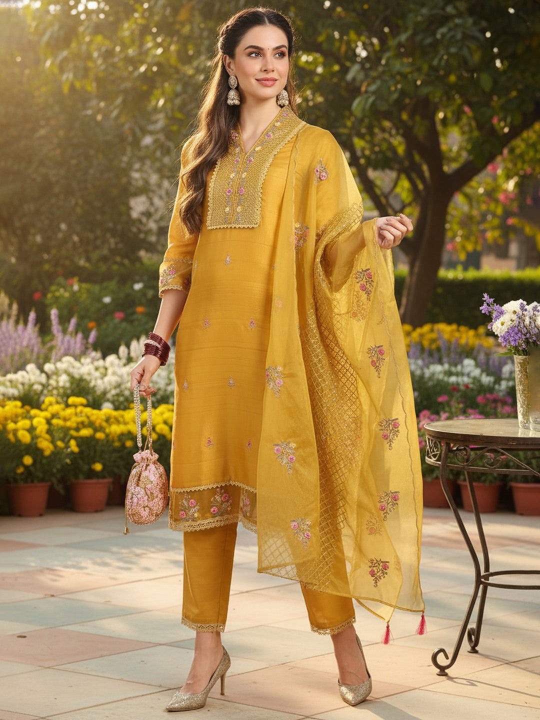 Mustard Yellow Silk Blend Floral Embroidered Straight Suit Set | SHOBITAM
