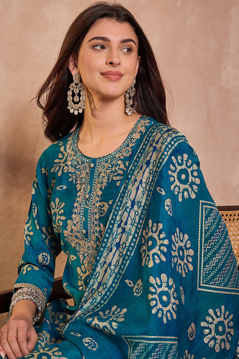 Blue Rayon Blend Floral Printed Straight Kurta Trouser With Dupatta | SHOBITAM