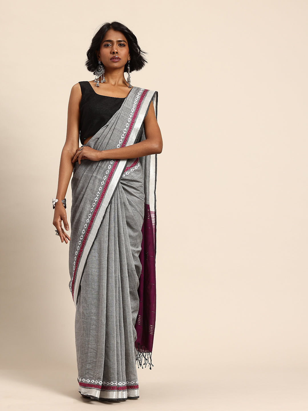 Handloom Grey Purple Cotton Kantha Saree | SHOBITAM