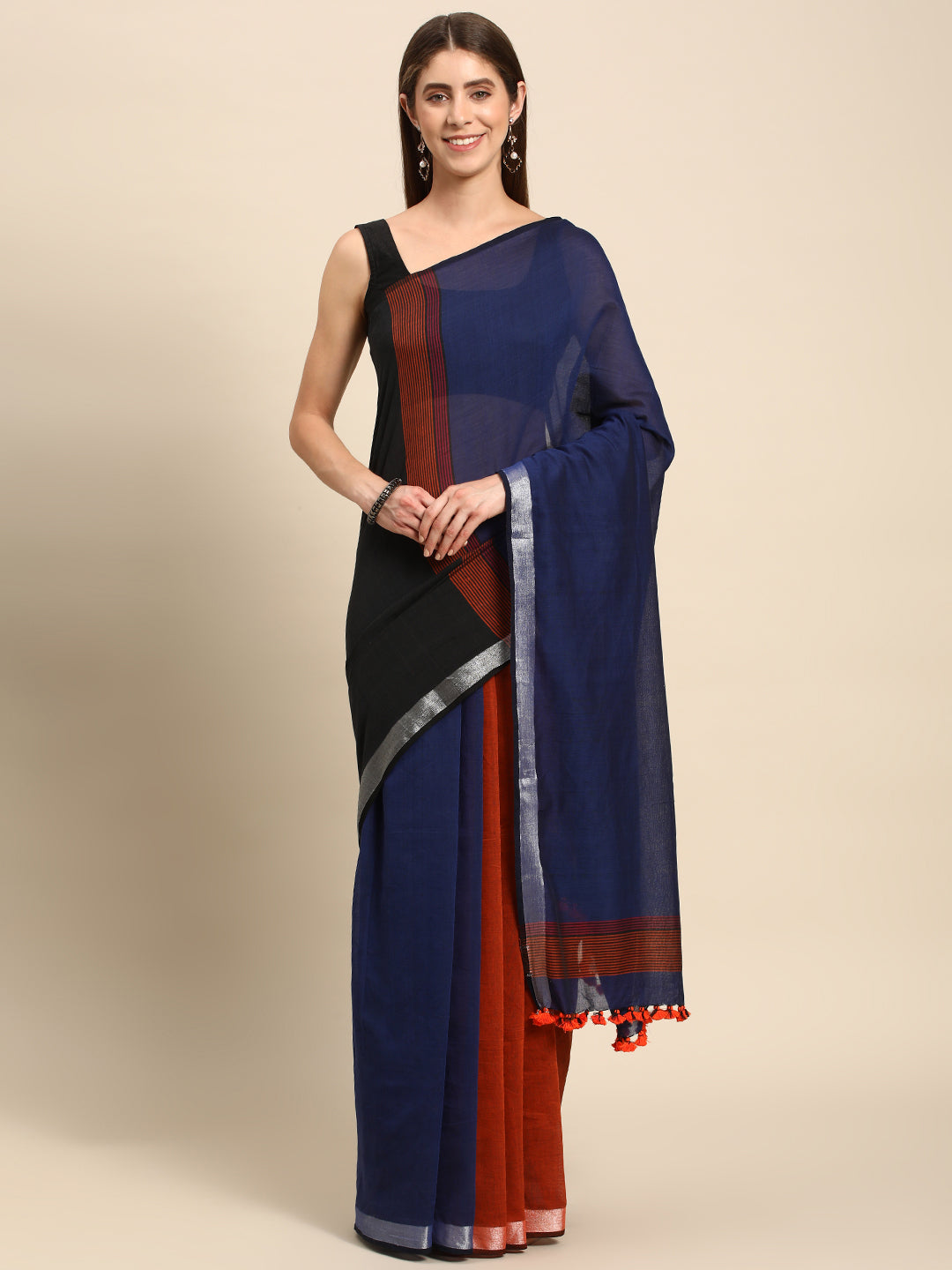 Colour block Cotton Saree with pompoms | Shobitam