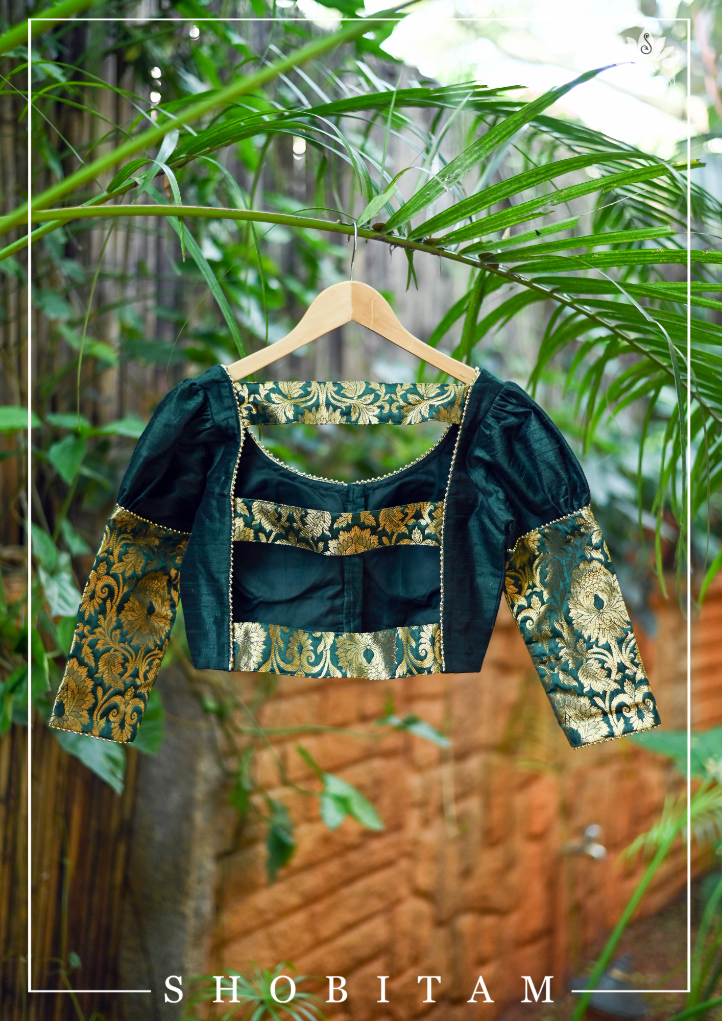 Sacramento Green Puff Sleeve Blouse with Banarasi Brocade Detailing | Shobitam