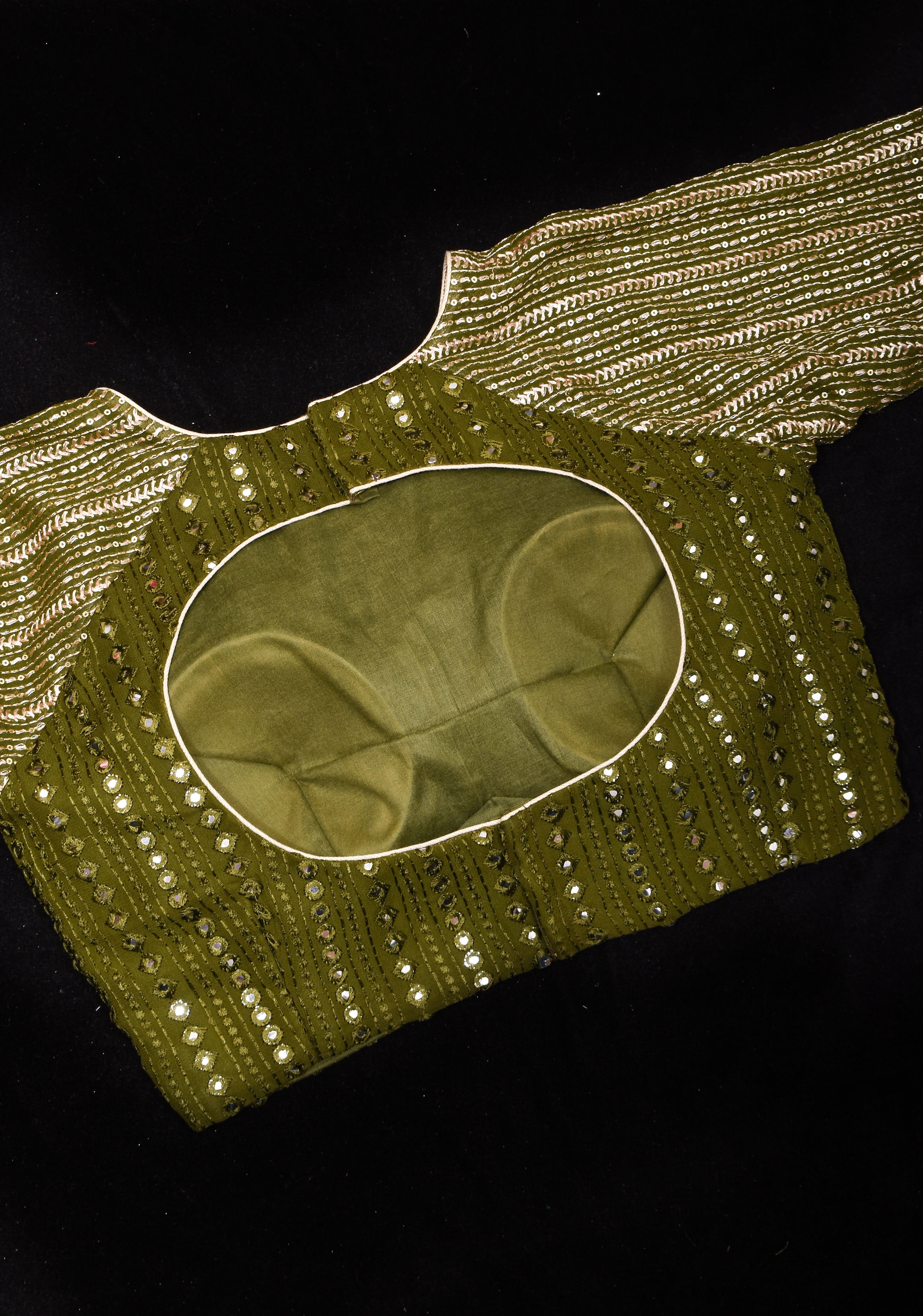 Henna Green chinon raglan three quarter sleeve foil mirror work blouse,  Made to Order | Shobitam