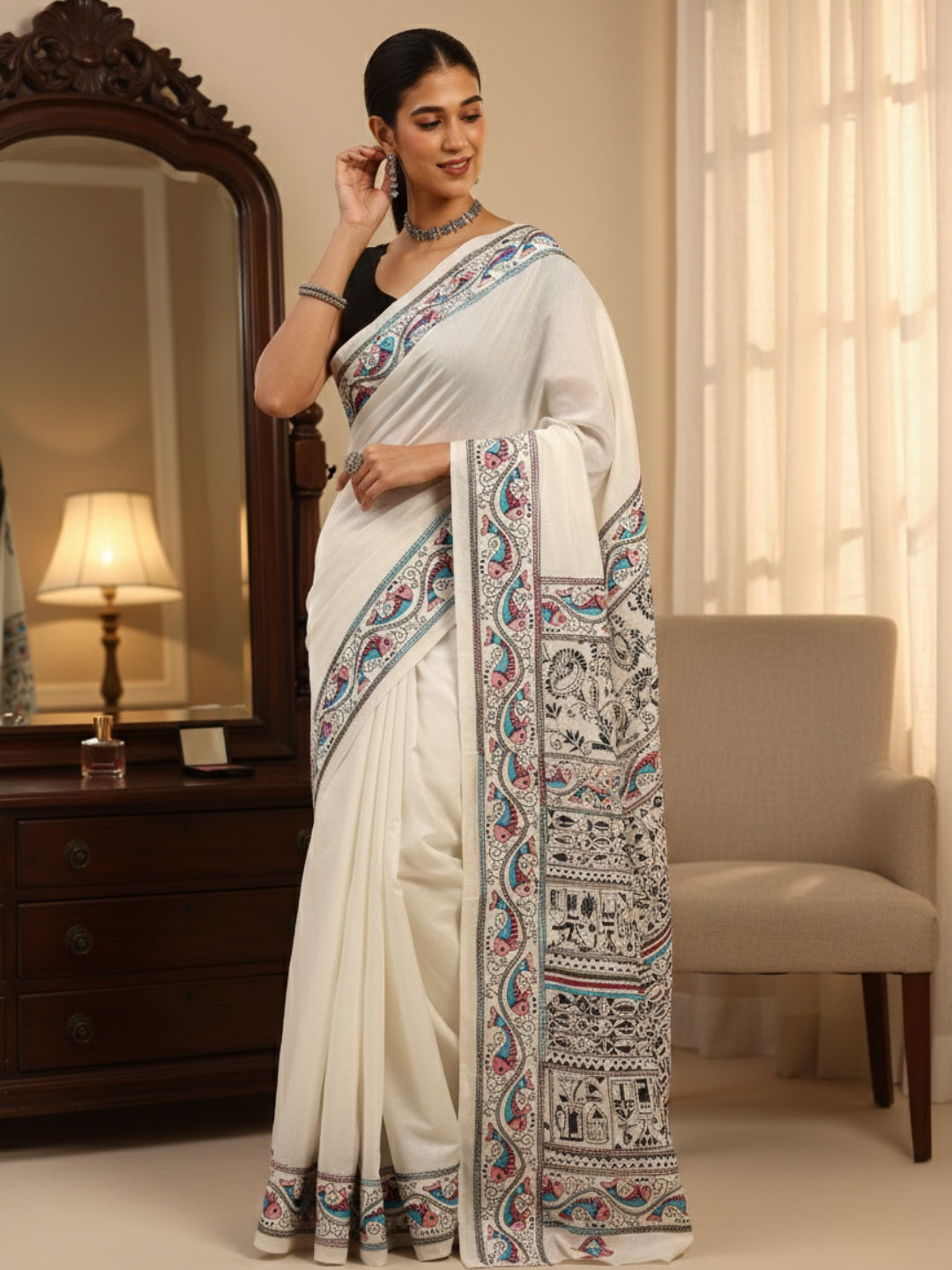 Handloom White Silk Kantha Saree with Blouse piece | SHOBITAM