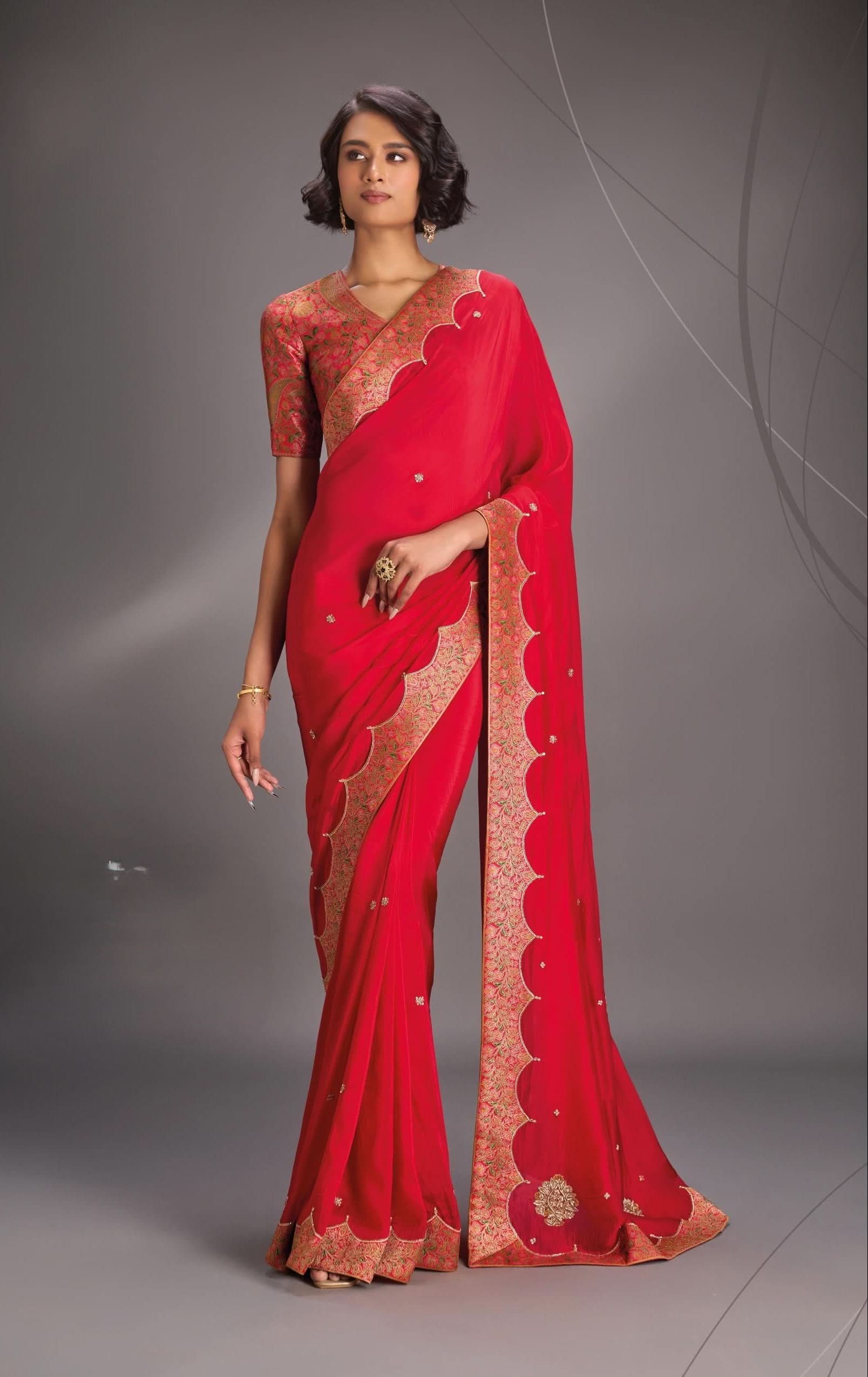 Rani Pink Vegan Silk Habutai Saree with embellishments and Scallop Border | Shobitam