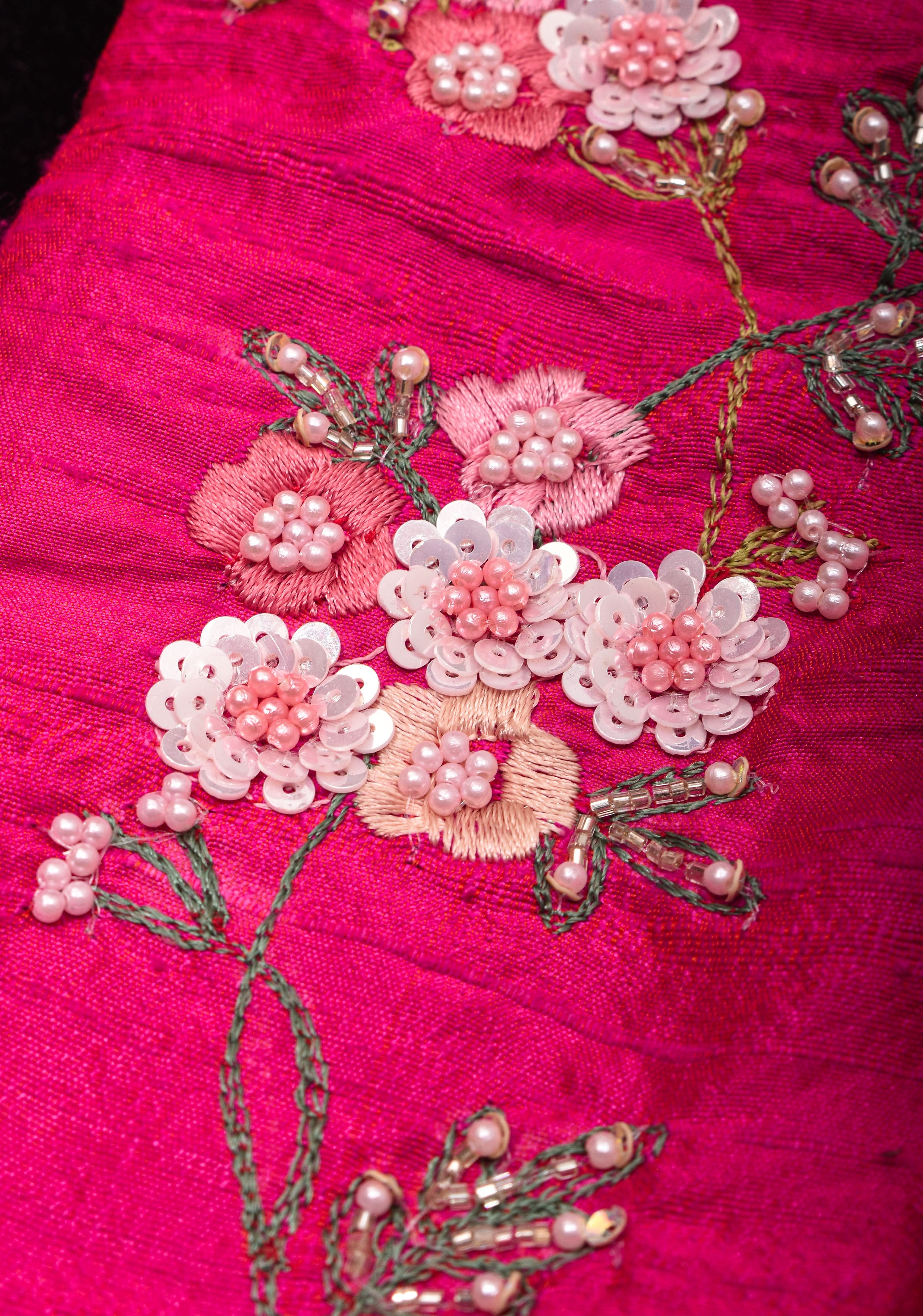 Pure Raw Silk blouse with Exquisite Moti and floral embroidery in Rani Pink,  Made to Order | Shobitam