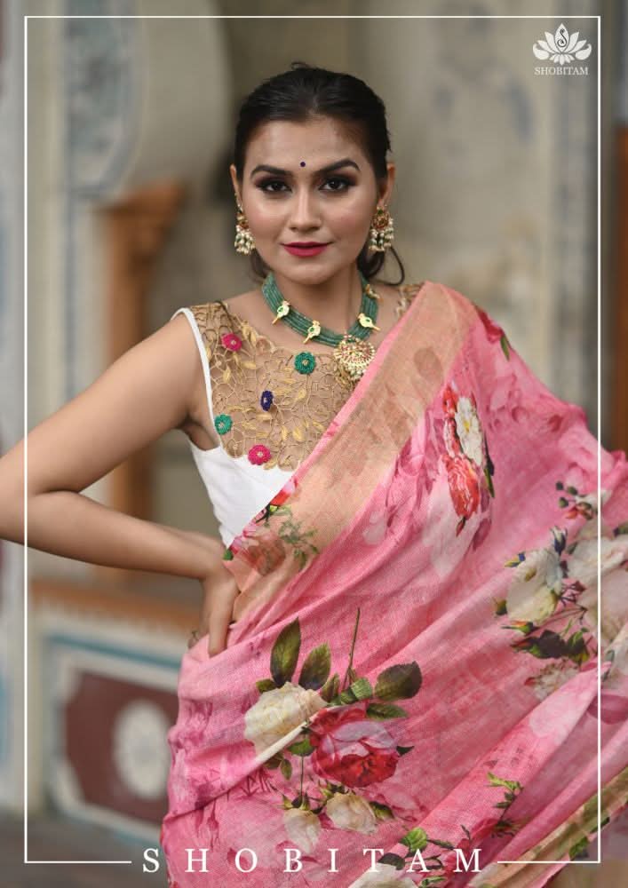 Pink Pure Linen Saree with Floral Digital Print | Shobitam