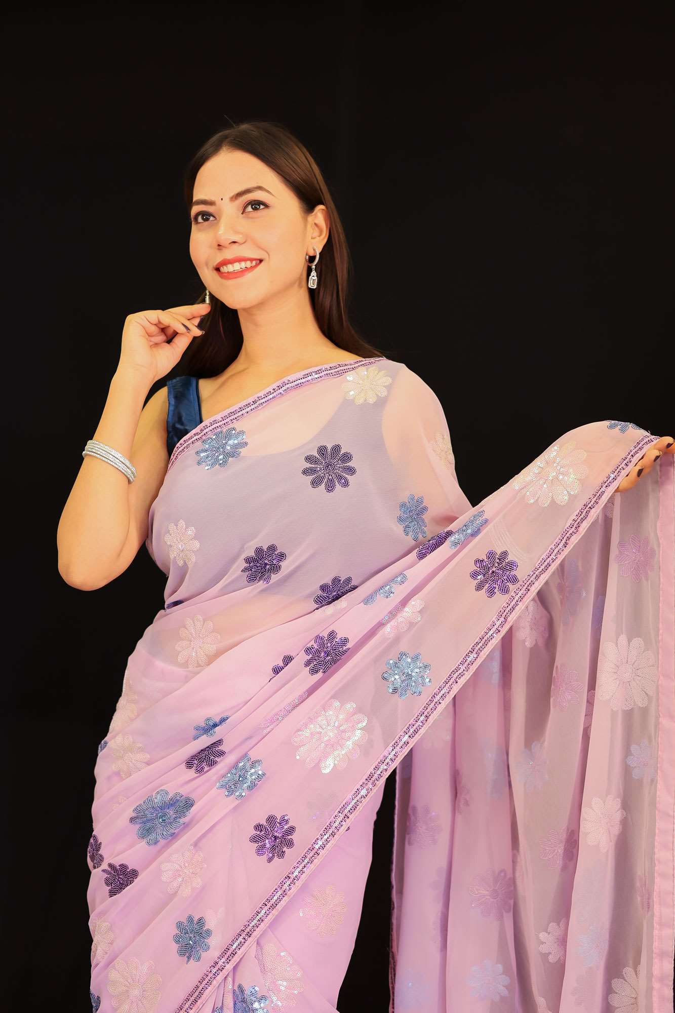 Lavender Toned Georgette With Sequin Interwoven Motif &  Lace border 1 Minute Saree