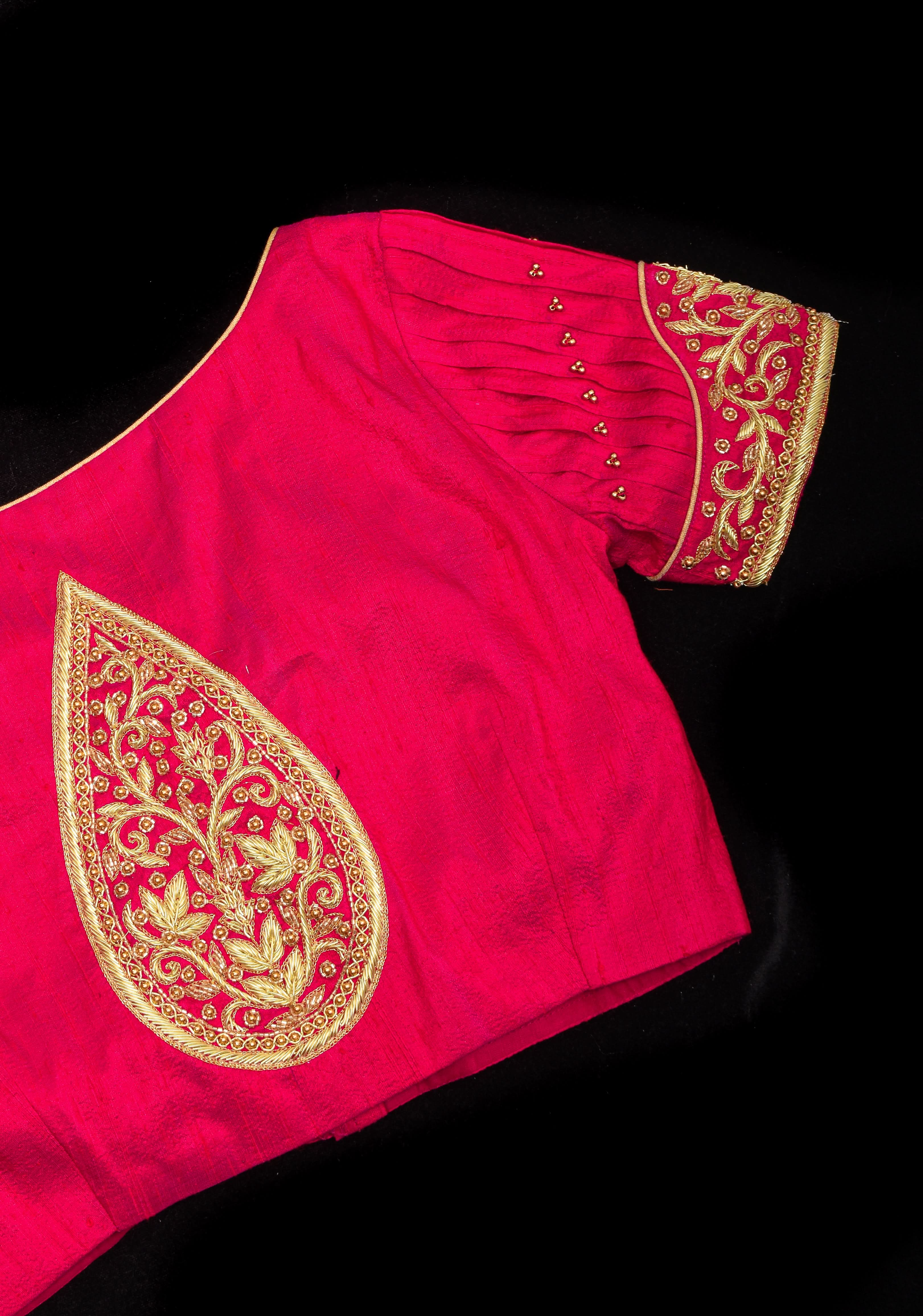 Rani Pink Pure Raw Silk Blouse with Pleated Puff Sleeves and Zardosi Detailing on sleeves and back | Shobitam