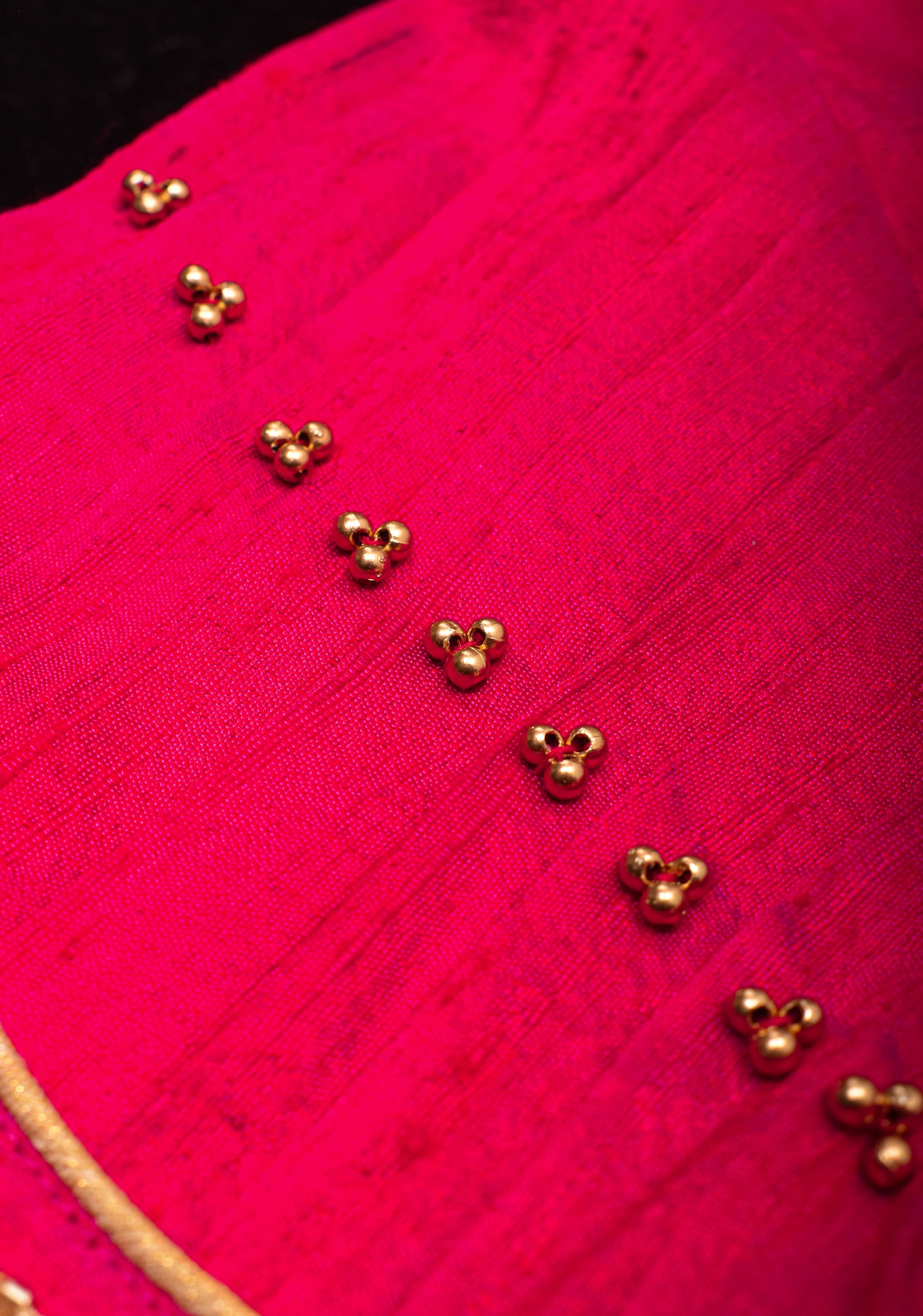 Rani Pink Pure Raw Silk Blouse with Pleated Puff Sleeves and Zardosi Detailing on sleeves and back | Shobitam