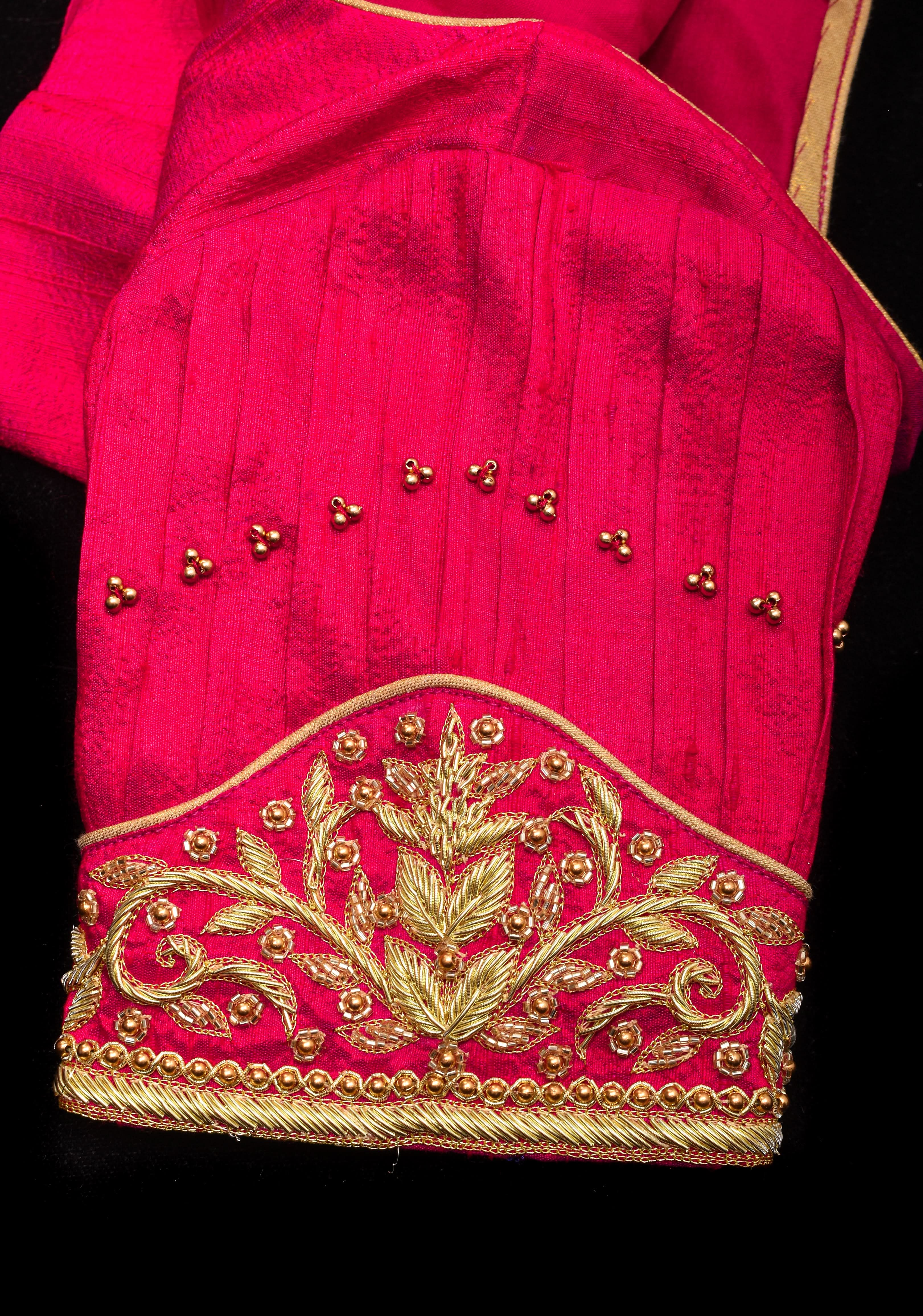 Rani Pink Pure Raw Silk Blouse with Pleated Puff Sleeves and Zardosi Detailing on sleeves and back | Shobitam