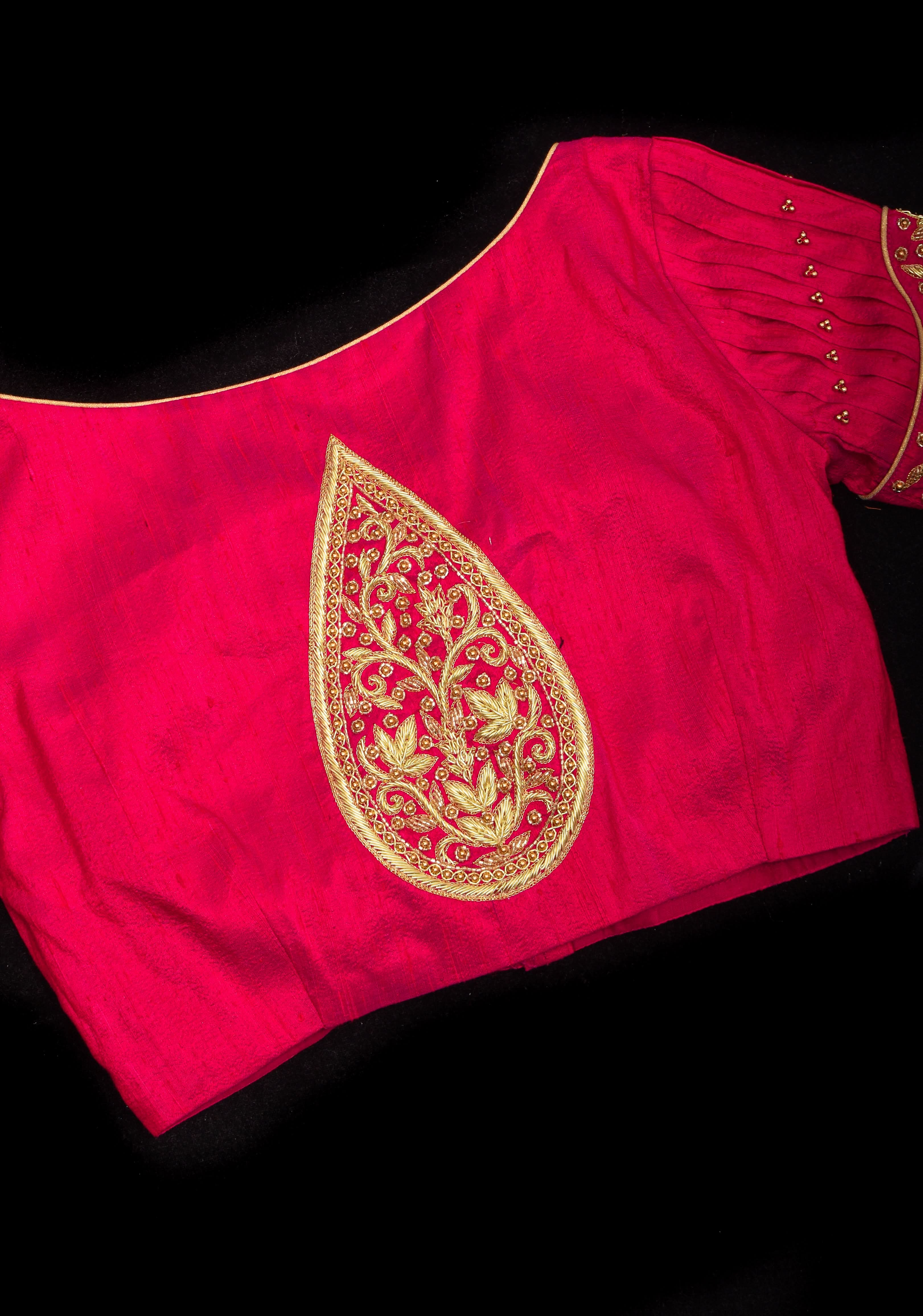 Rani Pink Pure Raw Silk Blouse with Pleated Puff Sleeves and Zardosi Detailing on sleeves and back | Shobitam