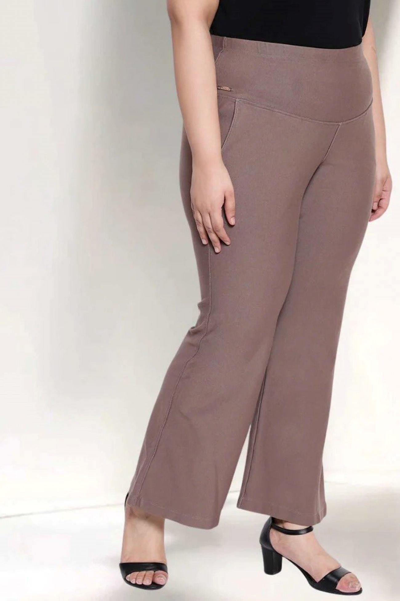 Plus Size Brownish Gray Tummy Shaper Flare Pants For Women | Made to Order