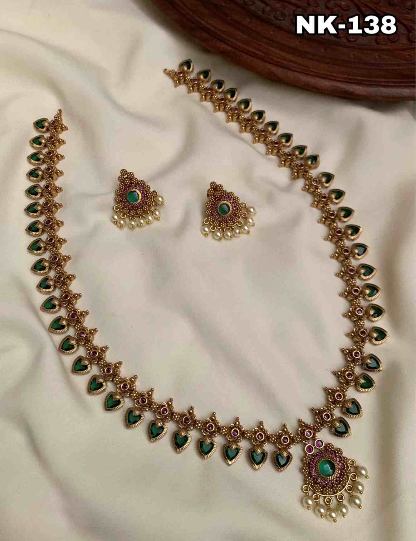 GREEN KUNDAN LONG NECKLACE SET WITH EARRING