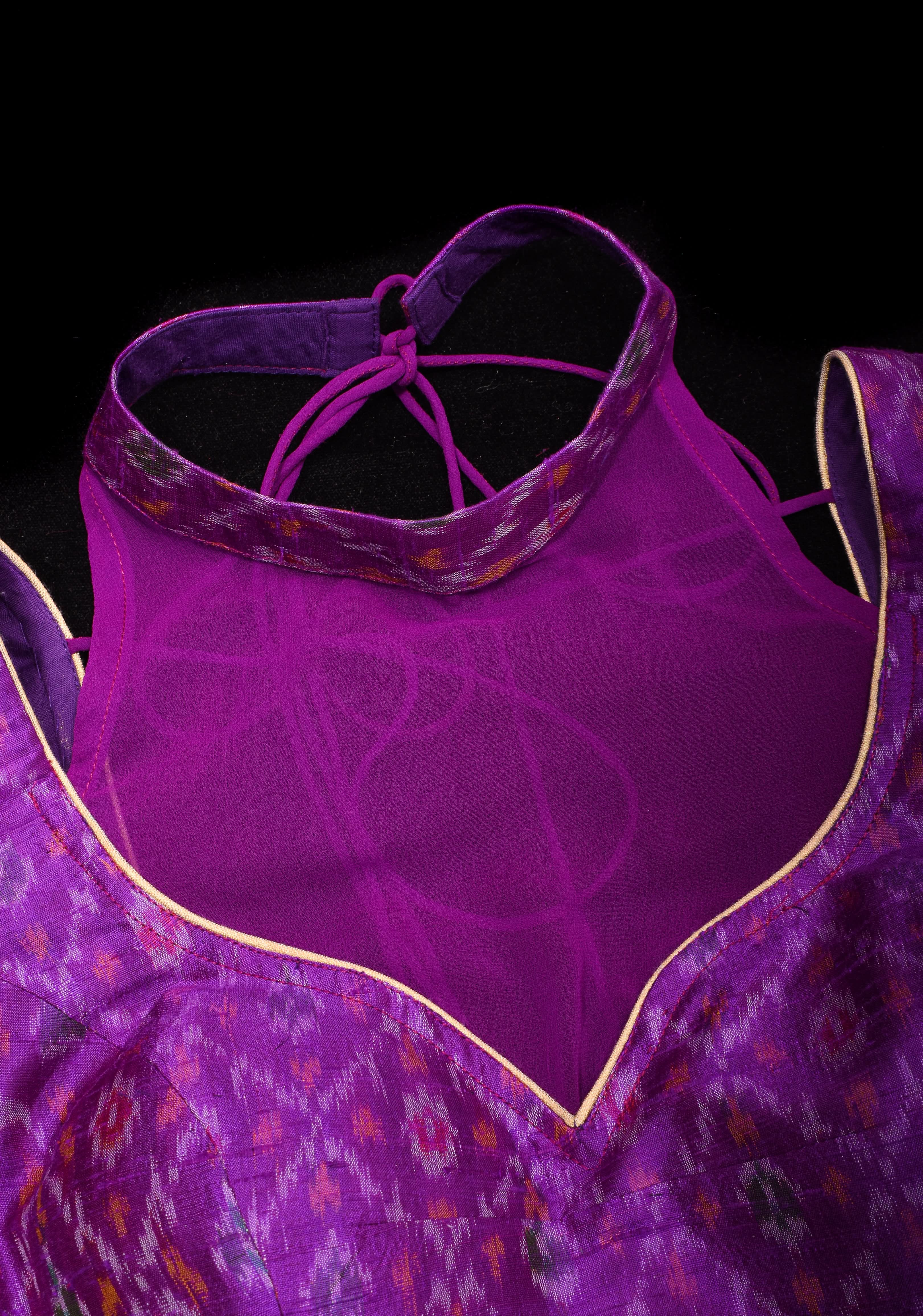 Purple Ikkat Pure Raw Silk Blouse with sheer yoke and Ikkat collar | Shobitam