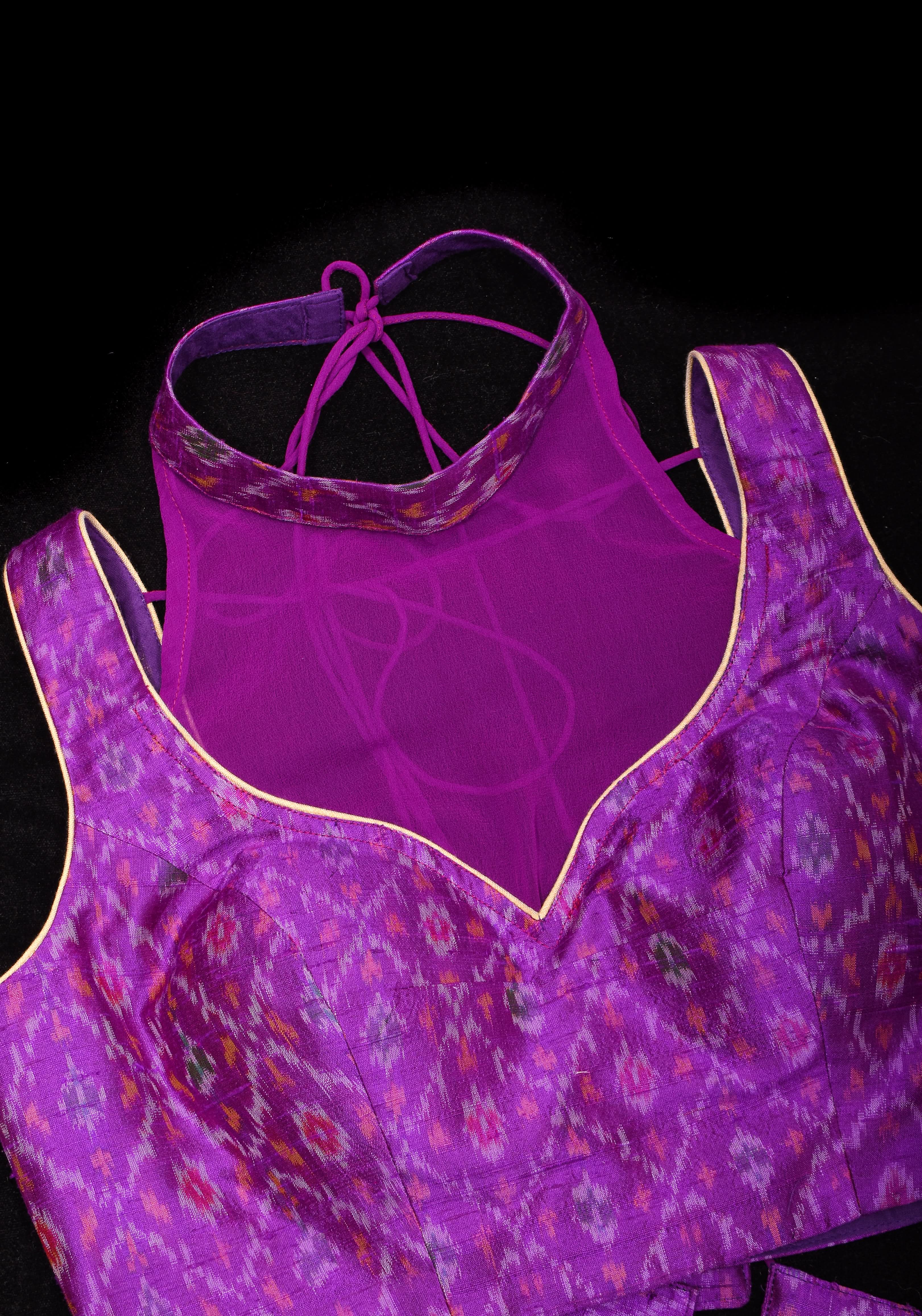 Purple Ikkat Pure Raw Silk Blouse with sheer yoke and Ikkat collar | Shobitam