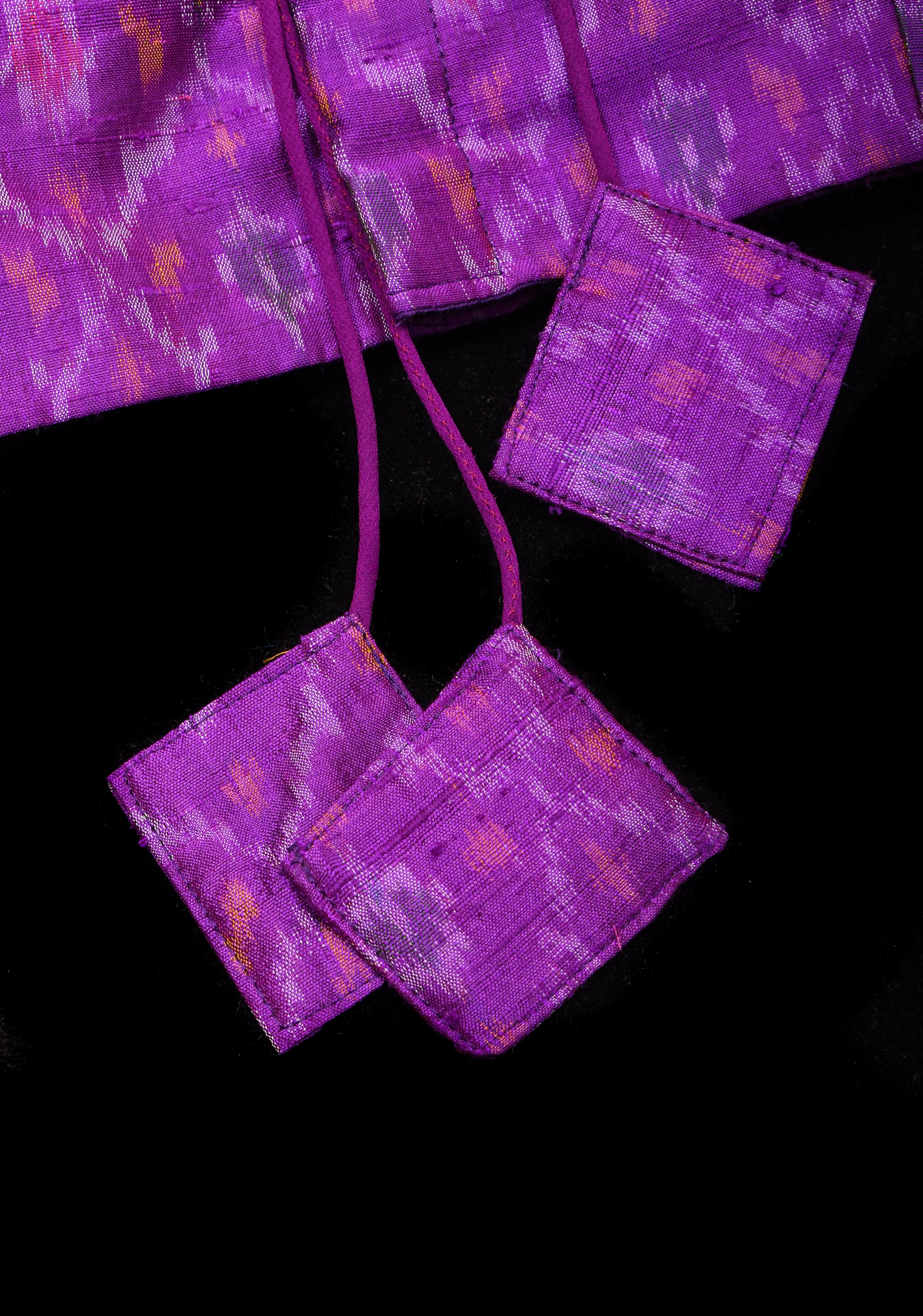 Purple Ikkat Pure Raw Silk Blouse with sheer yoke and Ikkat collar | Shobitam