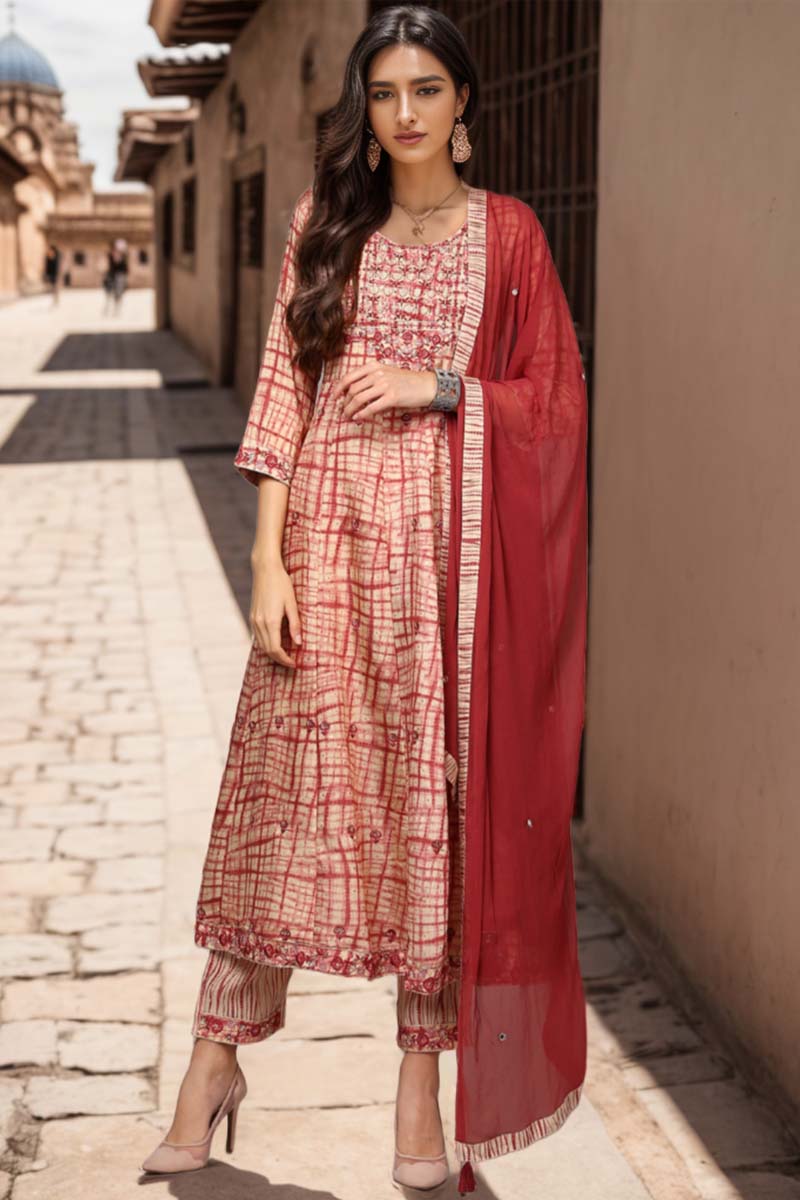 Red Silk Blend Abstract Printed Flared Suit Set | shobitam
