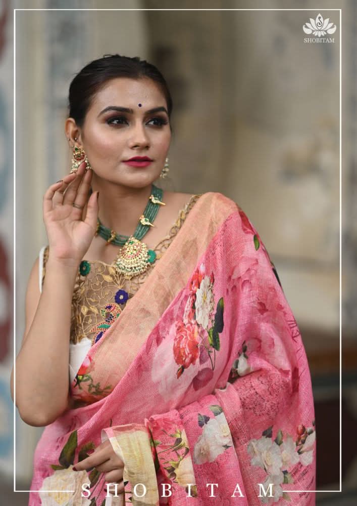 Pink Pure Linen Saree with Floral Digital Print | Shobitam