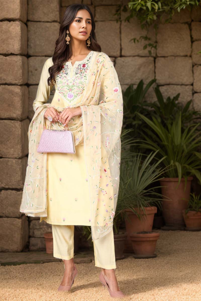 Yellow Silk Blend Solid Embroidered Straight Suit Set | SHOBITAM