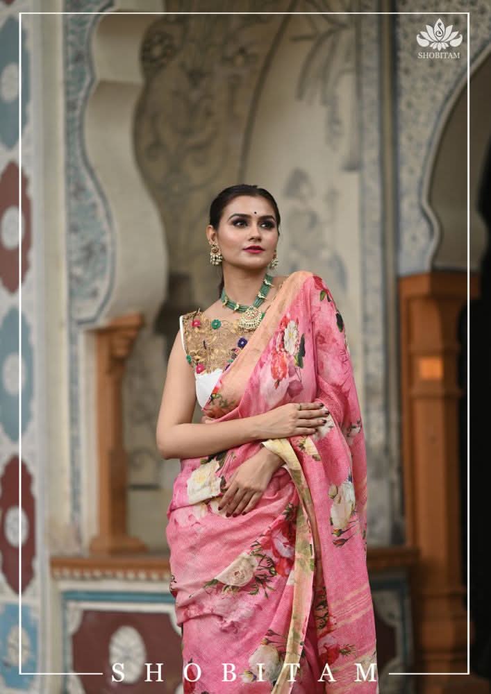Pink Pure Linen Saree with Floral Digital Print | Shobitam