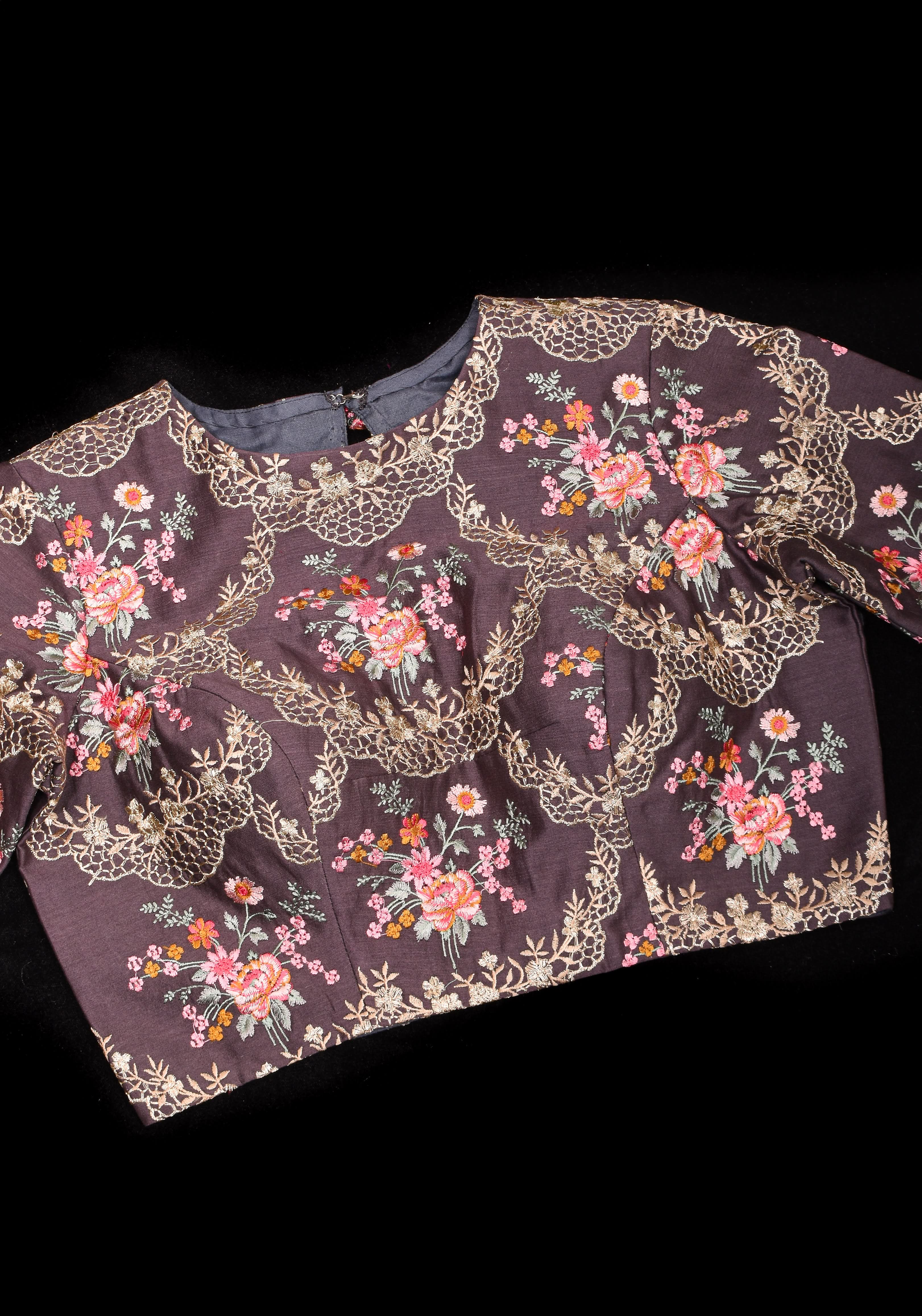 Gray Geecha Raw Silk blouse with floral embroidery and Bandgala pattern | Shobitam