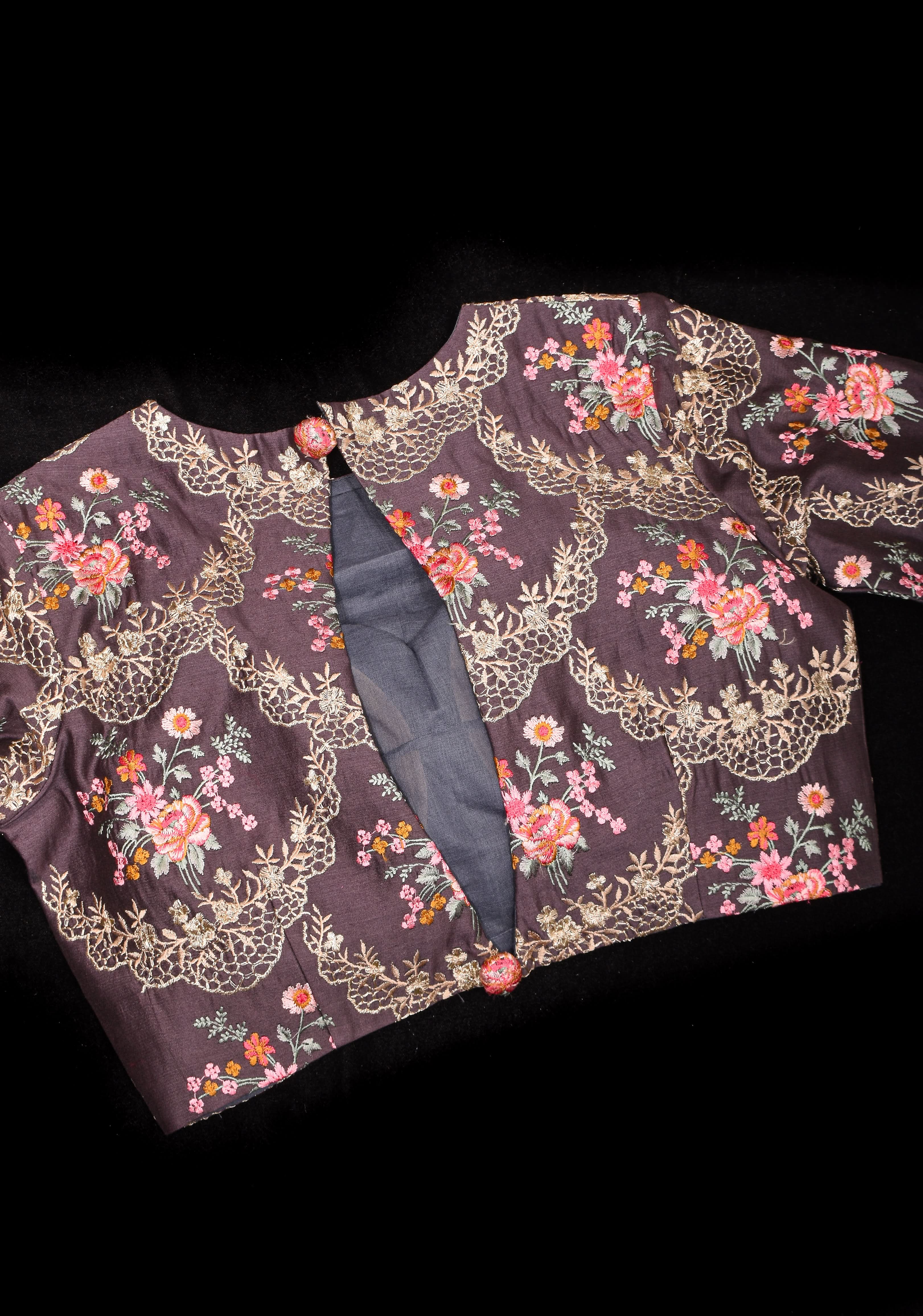 Gray Geecha Raw Silk blouse with floral embroidery and Bandgala pattern | Shobitam