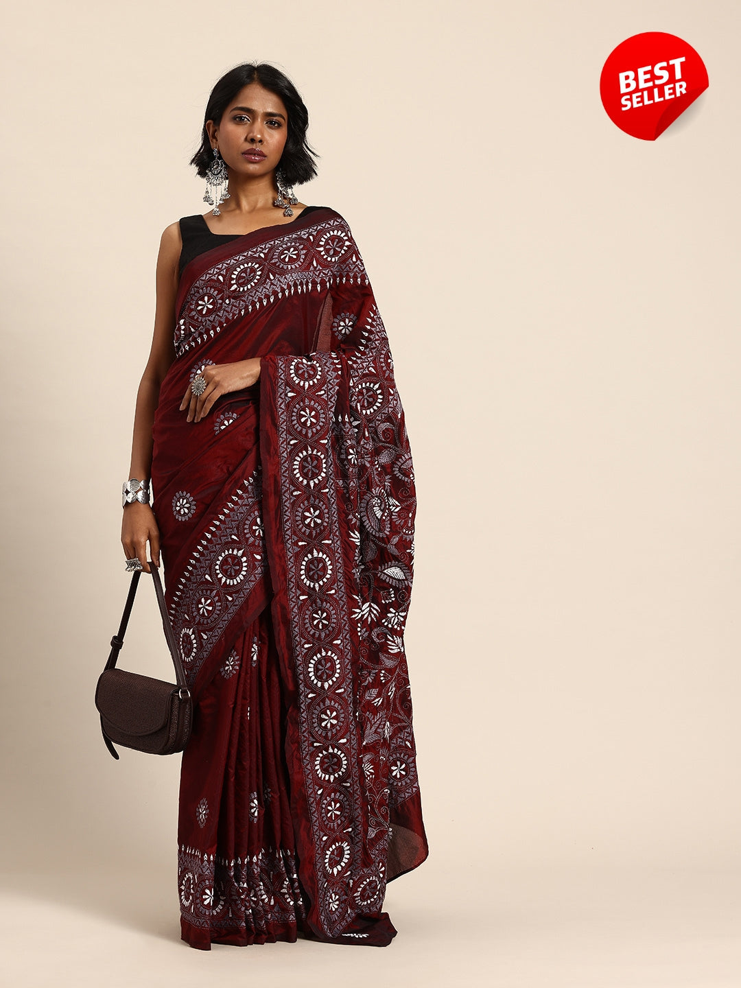 Maroon Grey Silk Kantha Saree with Blouse piece | SHOBITAM
