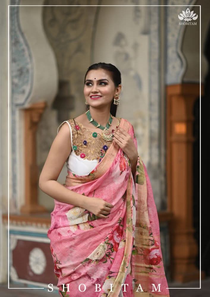 Pink Pure Linen Saree with Floral Digital Print | Shobitam