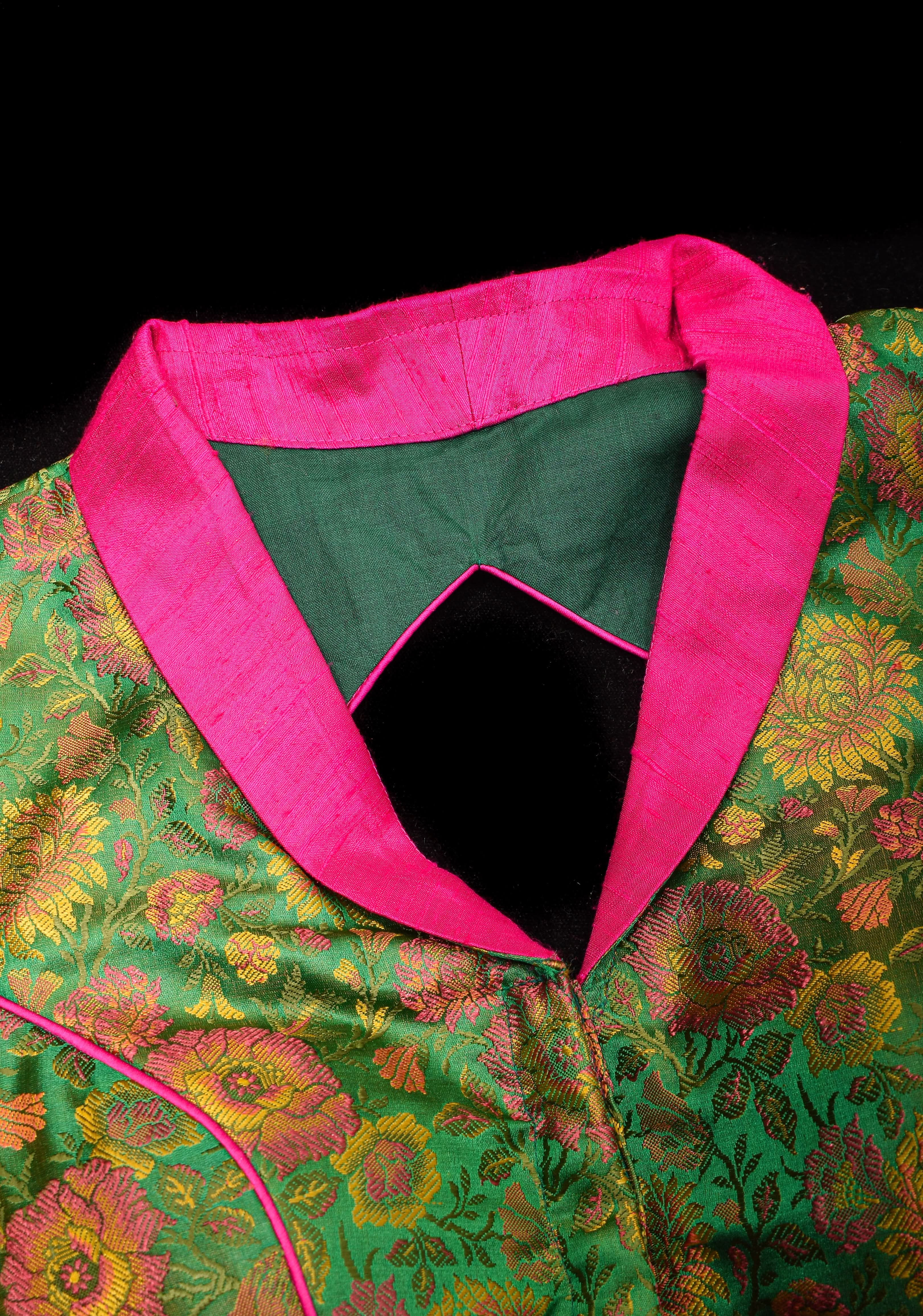 Green Tanchoi with Fuchsia Pure Raw Silk Lapel Collar Blouse for saree | Shobitam