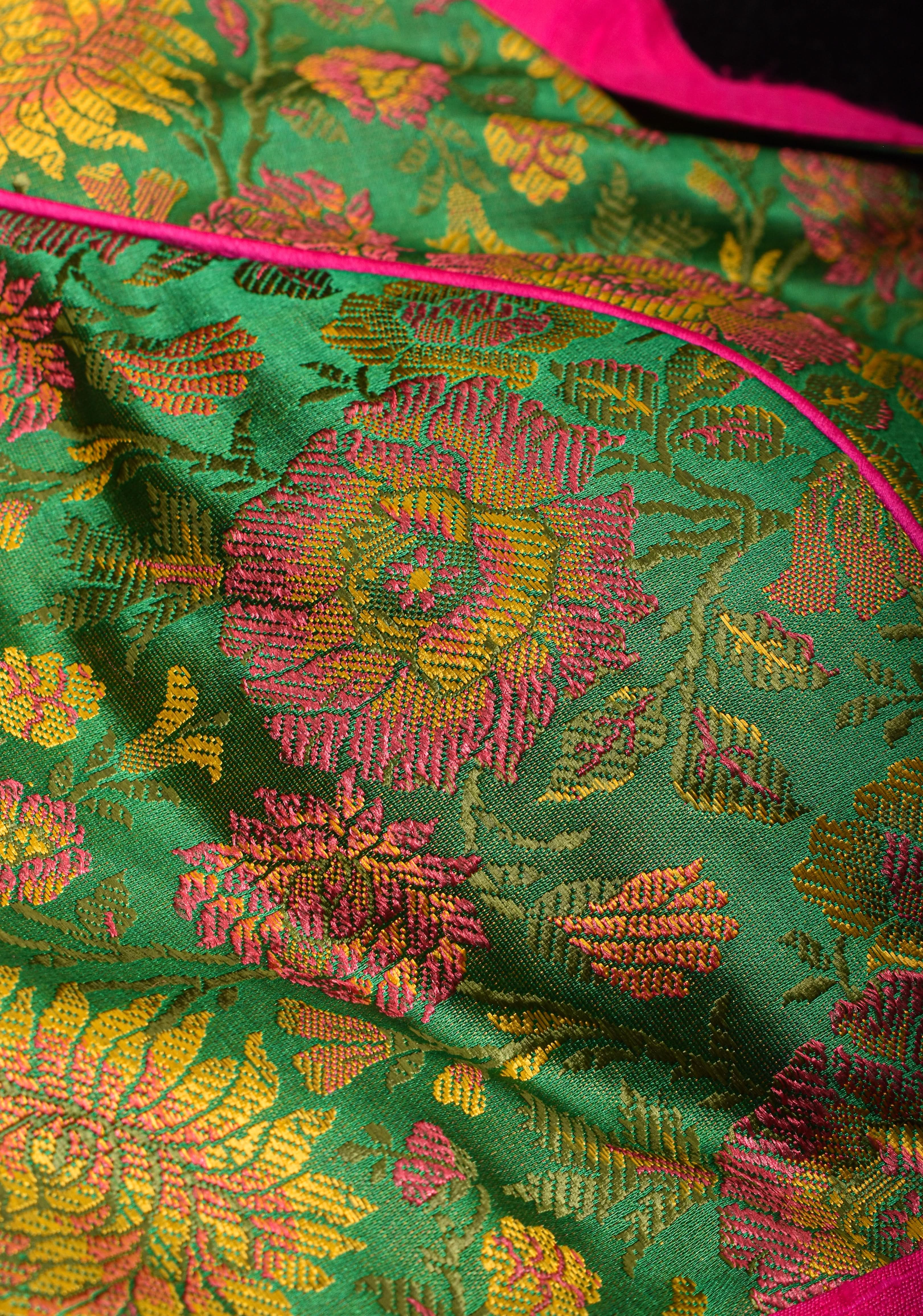 Green Tanchoi with Fuchsia Pure Raw Silk Lapel Collar Blouse for saree | Shobitam