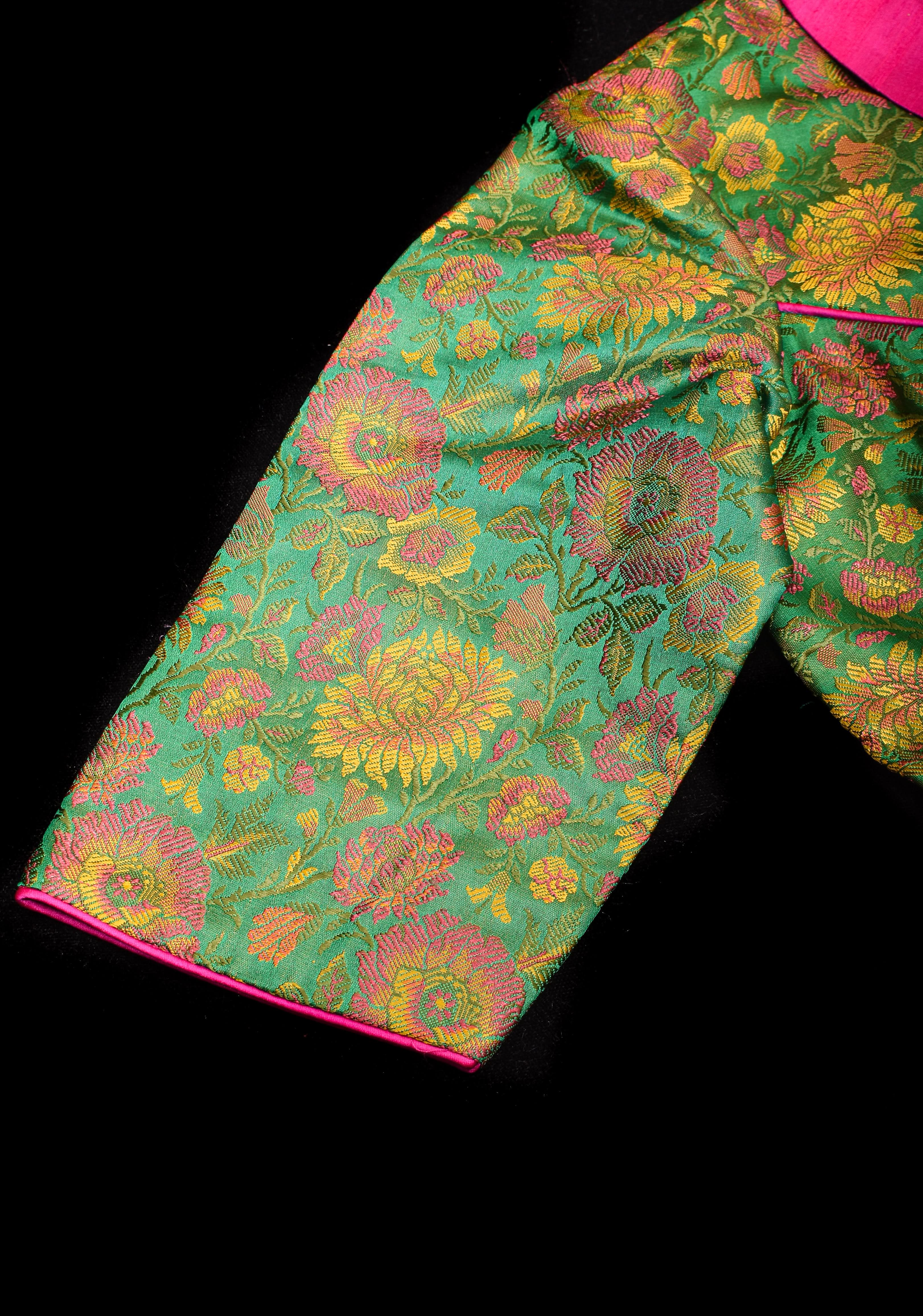 Green Tanchoi with Fuchsia Pure Raw Silk Lapel Collar Blouse for saree | Shobitam