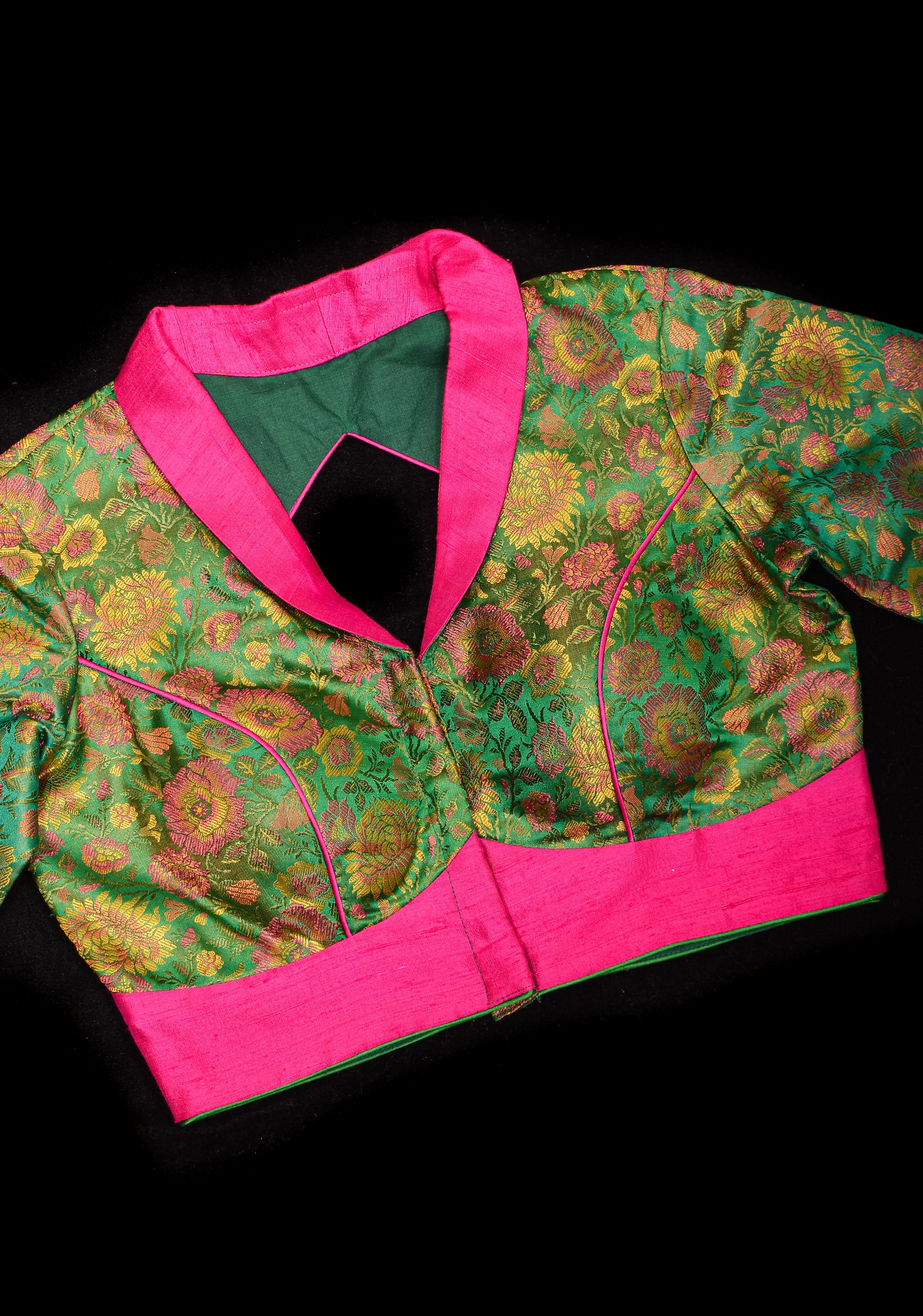 Green Tanchoi with Fuchsia Pure Raw Silk Lapel Collar Blouse for saree | Shobitam