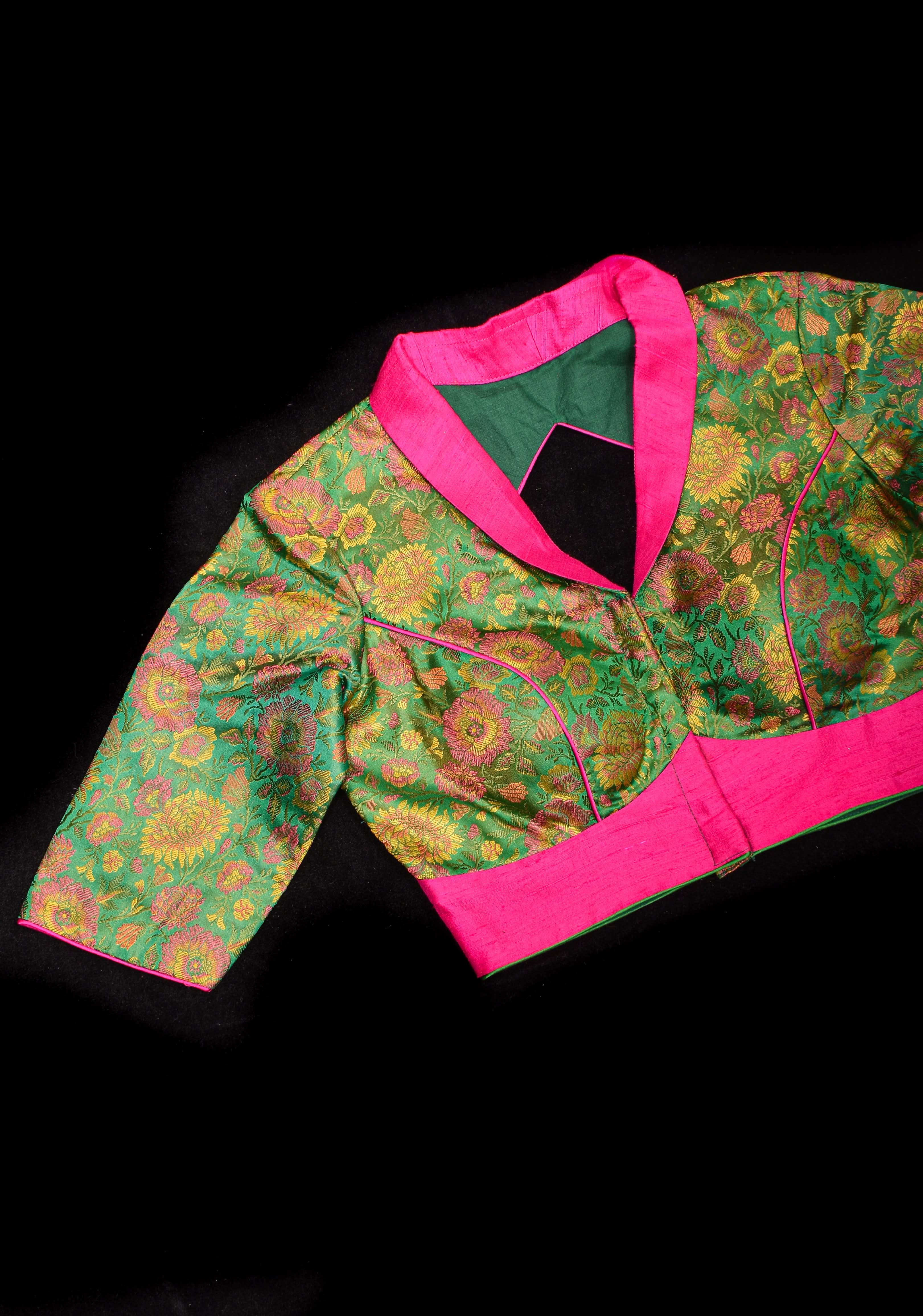 Green Tanchoi with Fuchsia Pure Raw Silk Lapel Collar Blouse for saree | Shobitam