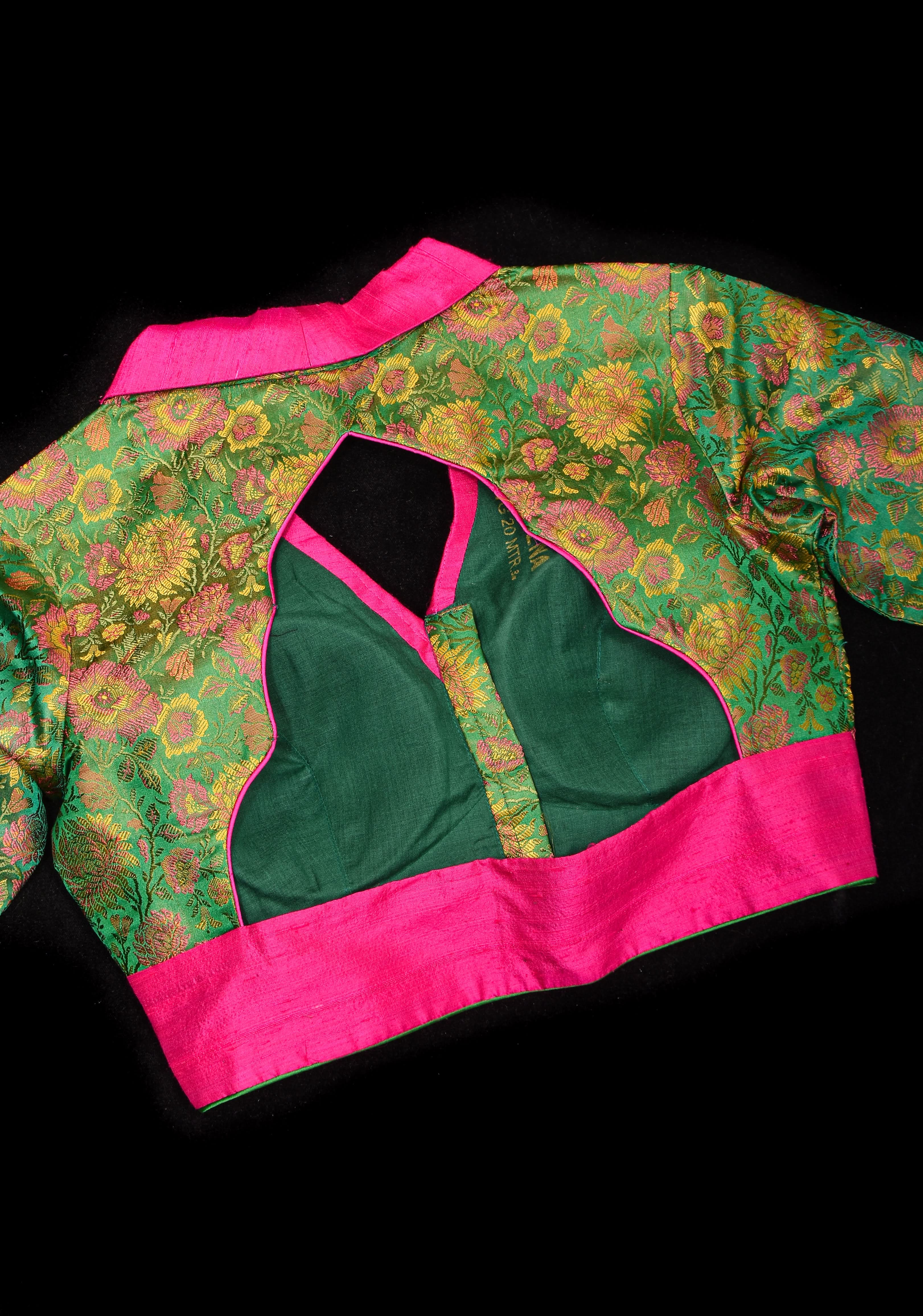 Green Tanchoi with Fuchsia Pure Raw Silk Lapel Collar Blouse for saree | Shobitam