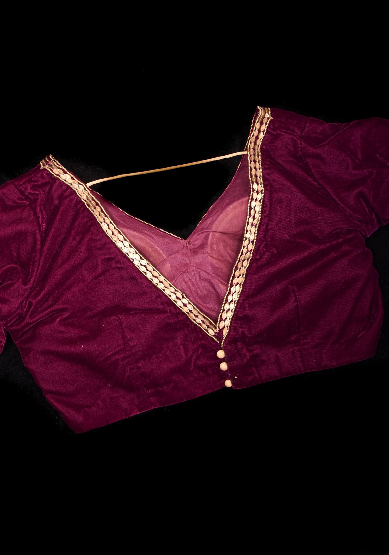Burgundy Velvet Blouse with 3/4 sleeves and Matt Antique Sequins detailing