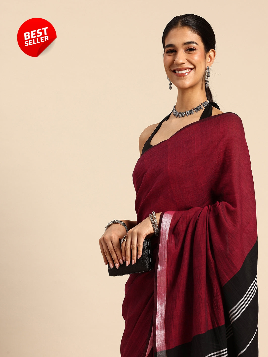 Black Maroon Cotton Handloom Saree| SHOBITAM